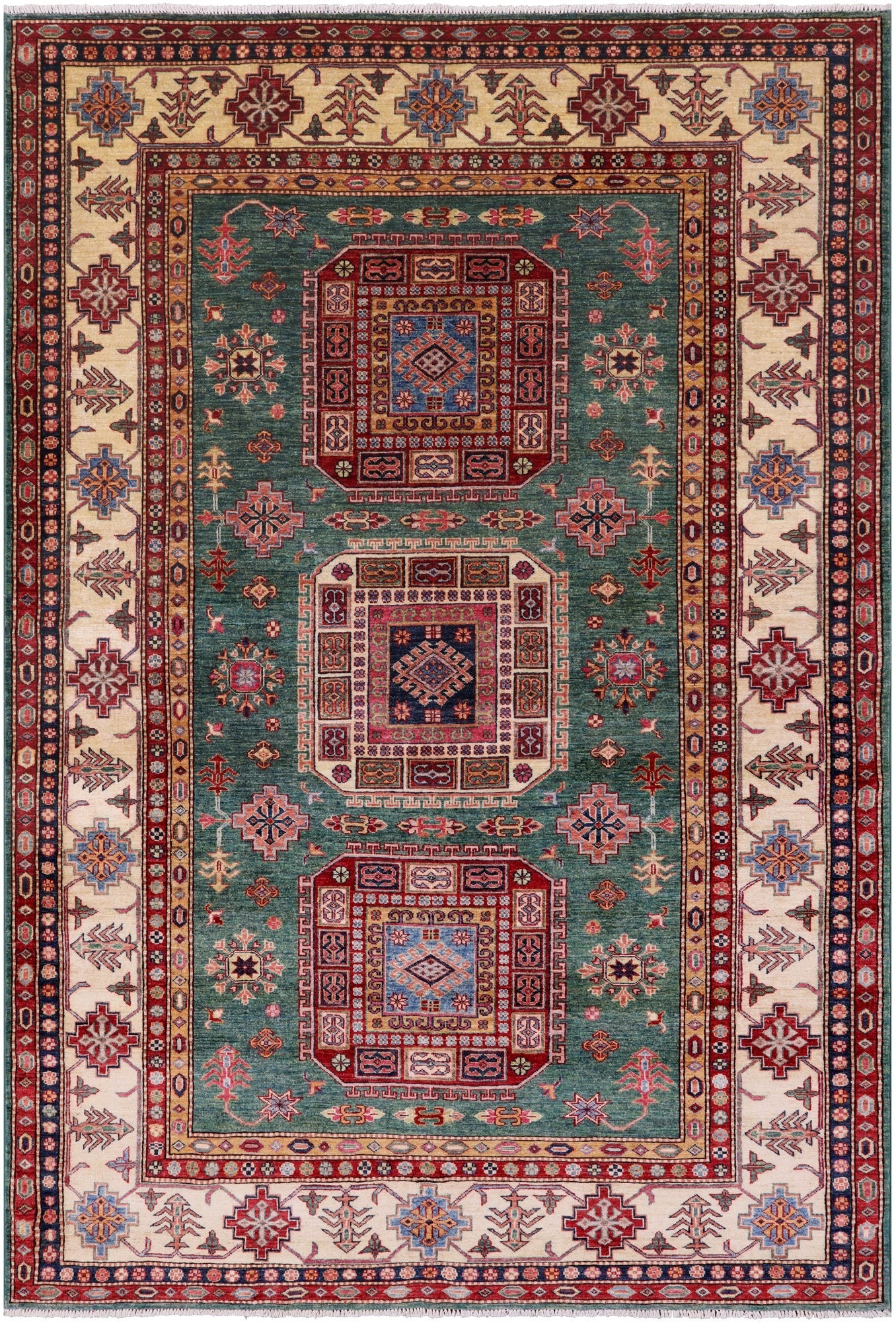Green Super Kazak Hand Knotted Wool Rug - 6' 6" X 9' 7" - Golden Nile