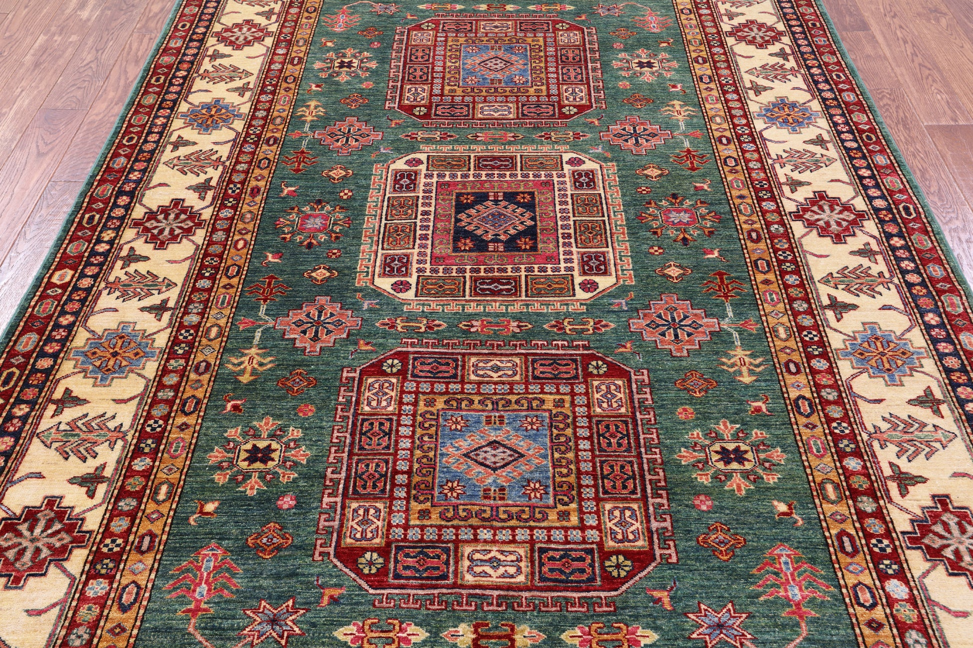 Green Super Kazak Hand Knotted Wool Rug - 6' 6" X 9' 7" - Golden Nile