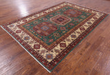 Green Super Kazak Hand Knotted Wool Rug - 6' 6" X 9' 7" - Golden Nile