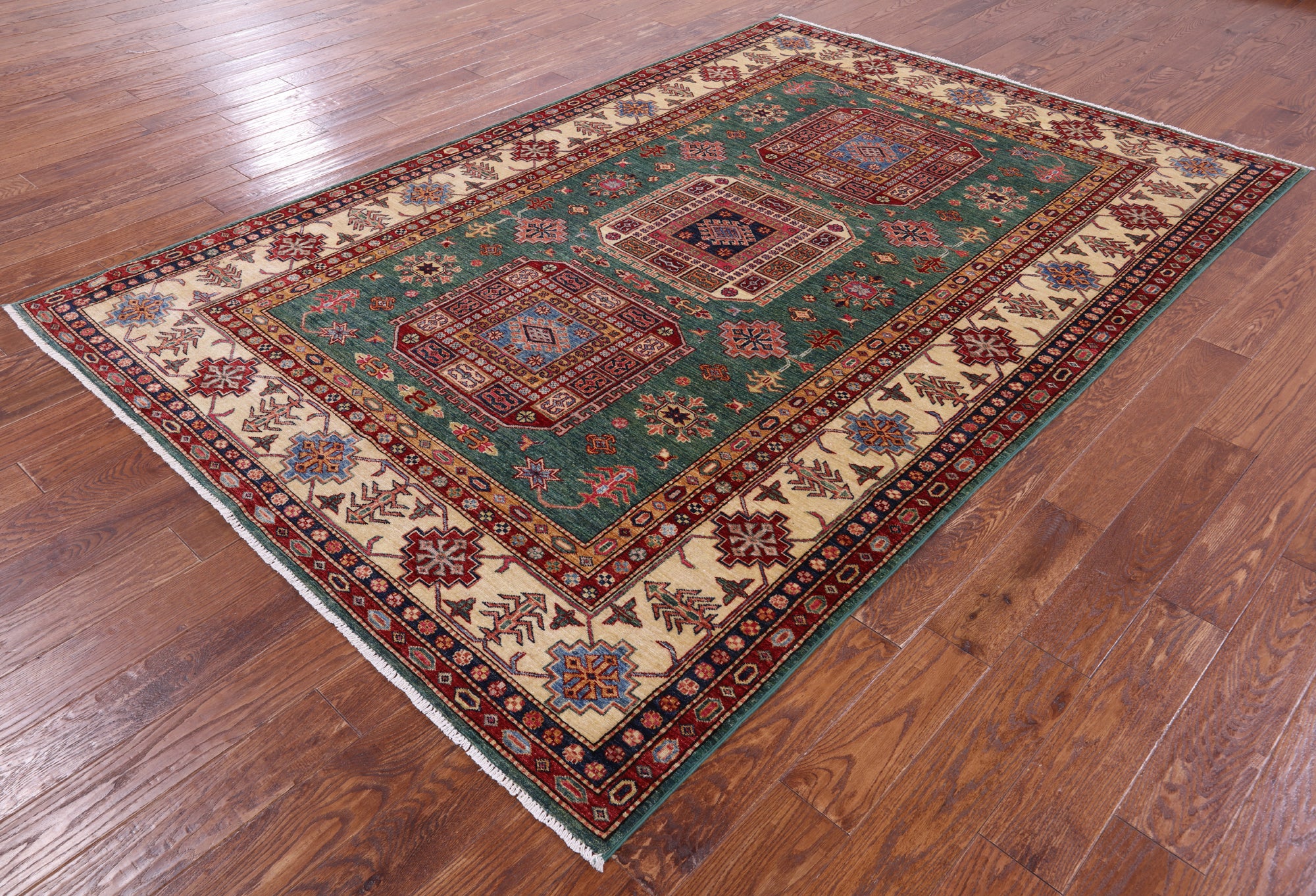 Green Super Kazak Hand Knotted Wool Rug - 6' 6" X 9' 7" - Golden Nile