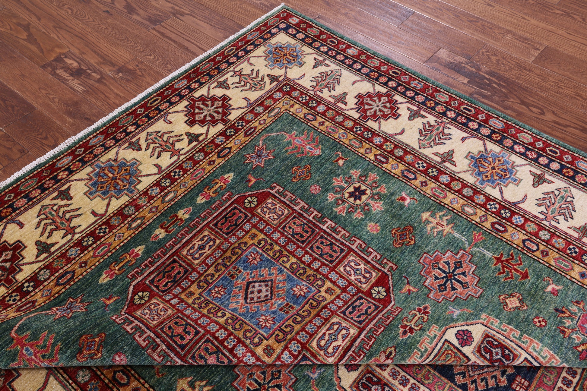 Green Super Kazak Hand Knotted Wool Rug - 6' 6" X 9' 7" - Golden Nile