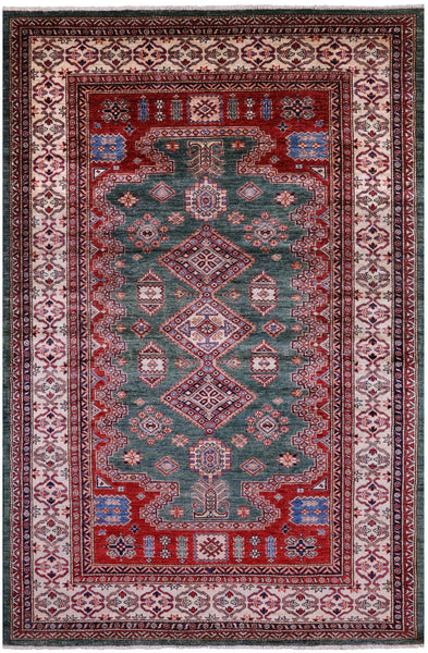 Green Super Kazak Hand Knotted Wool Rug - 5' 10" X 8' 9" - Golden Nile