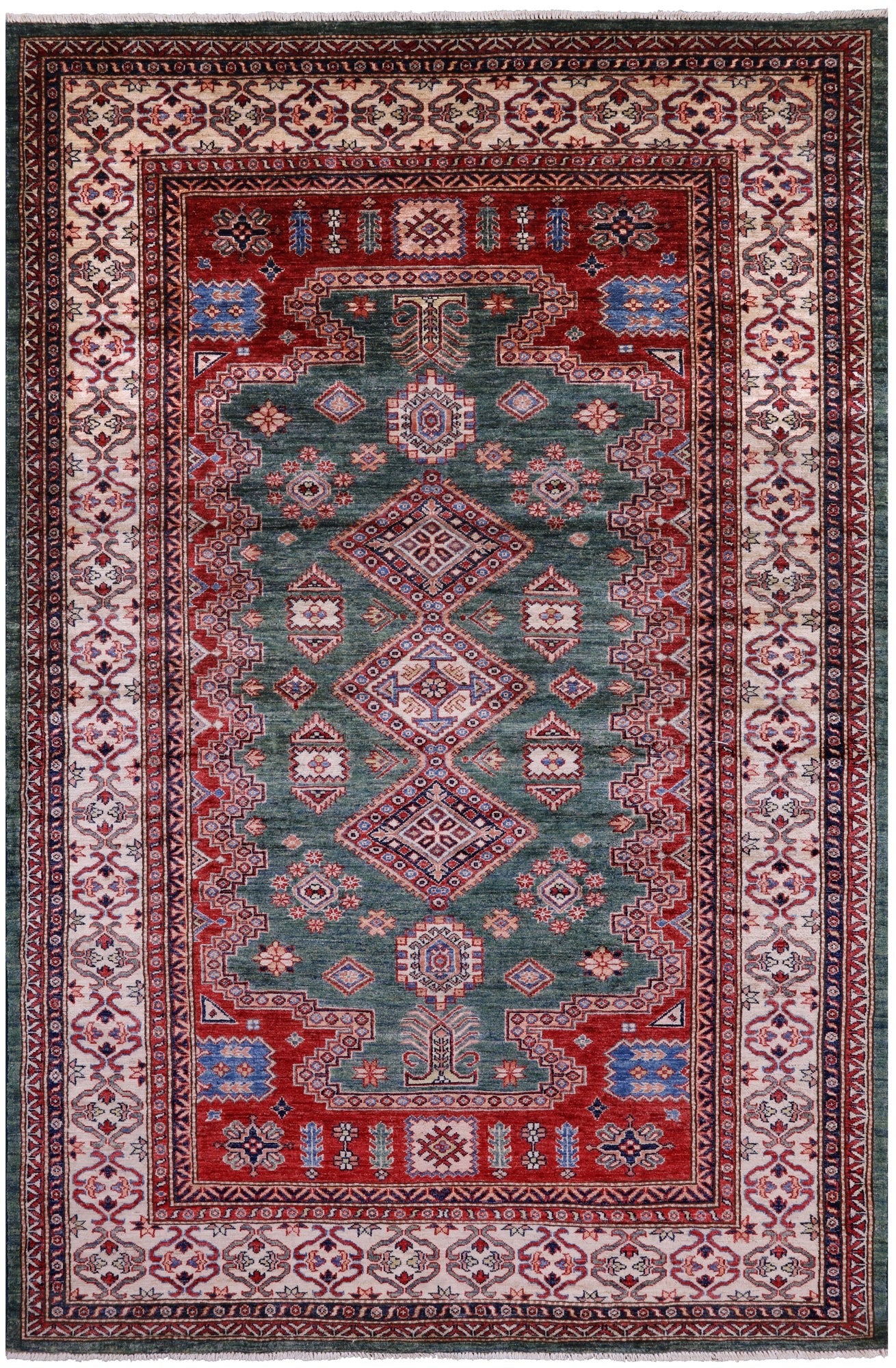 Green Super Kazak Hand Knotted Wool Rug - 5' 10" X 8' 9" - Golden Nile