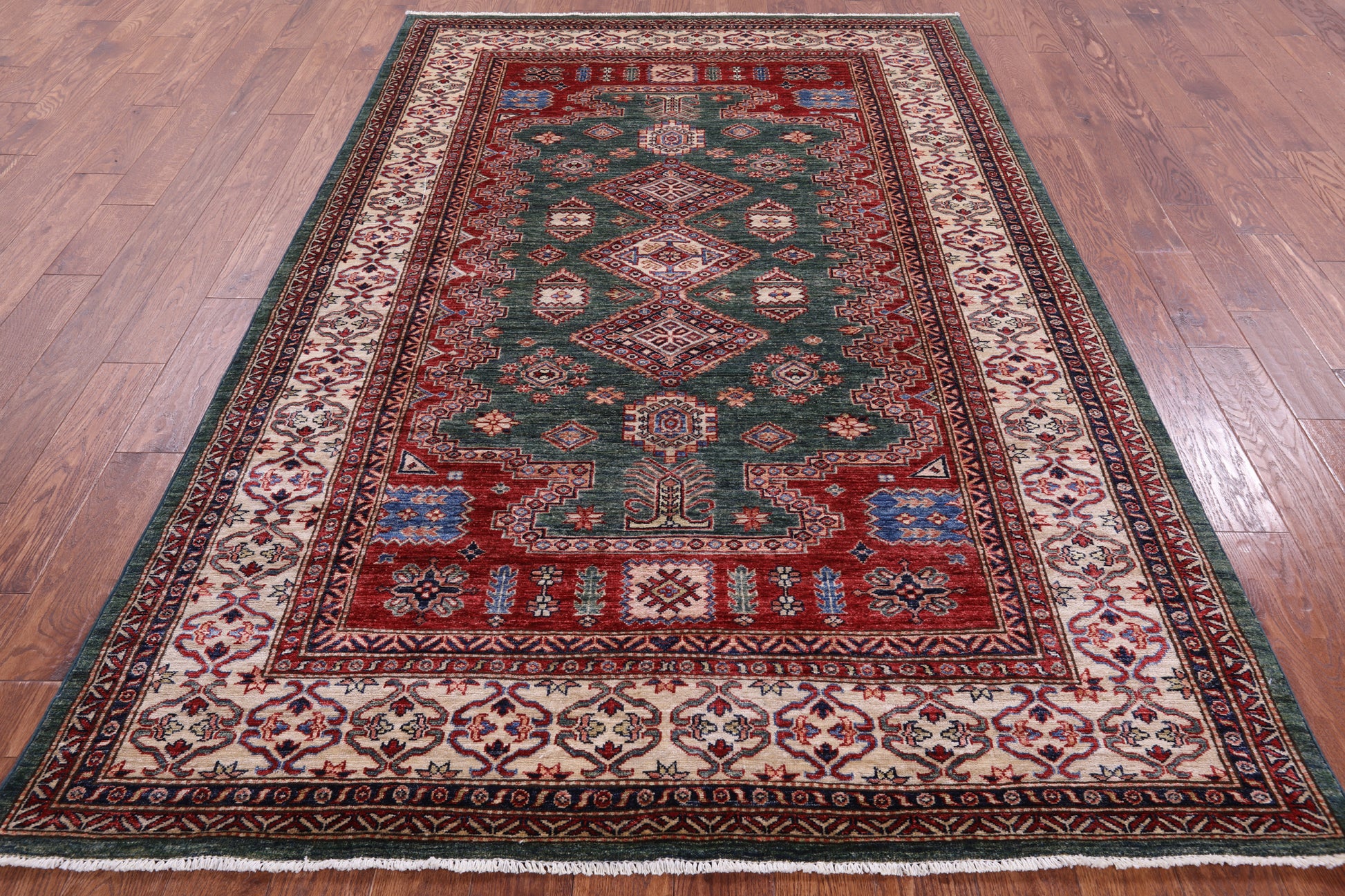 Green Super Kazak Hand Knotted Wool Rug - 5' 10" X 8' 9" - Golden Nile