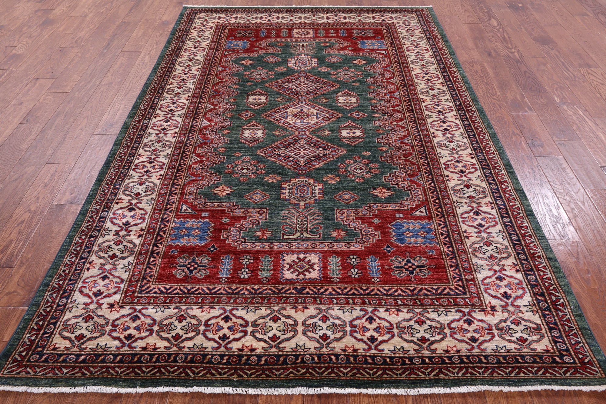 Green Super Kazak Hand Knotted Wool Rug - 5' 10" X 8' 9" - Golden Nile