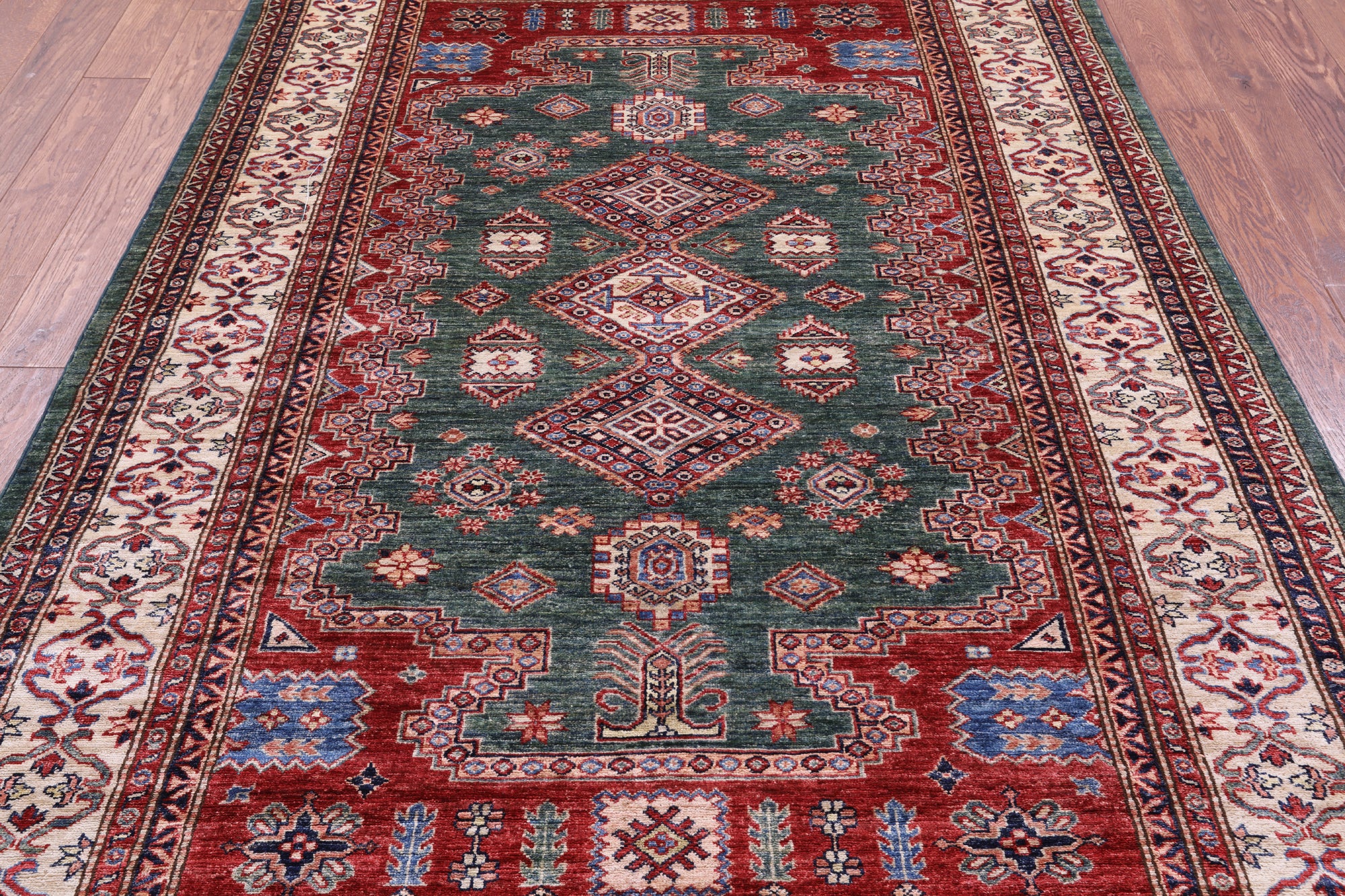 Green Super Kazak Hand Knotted Wool Rug - 5' 10" X 8' 9" - Golden Nile