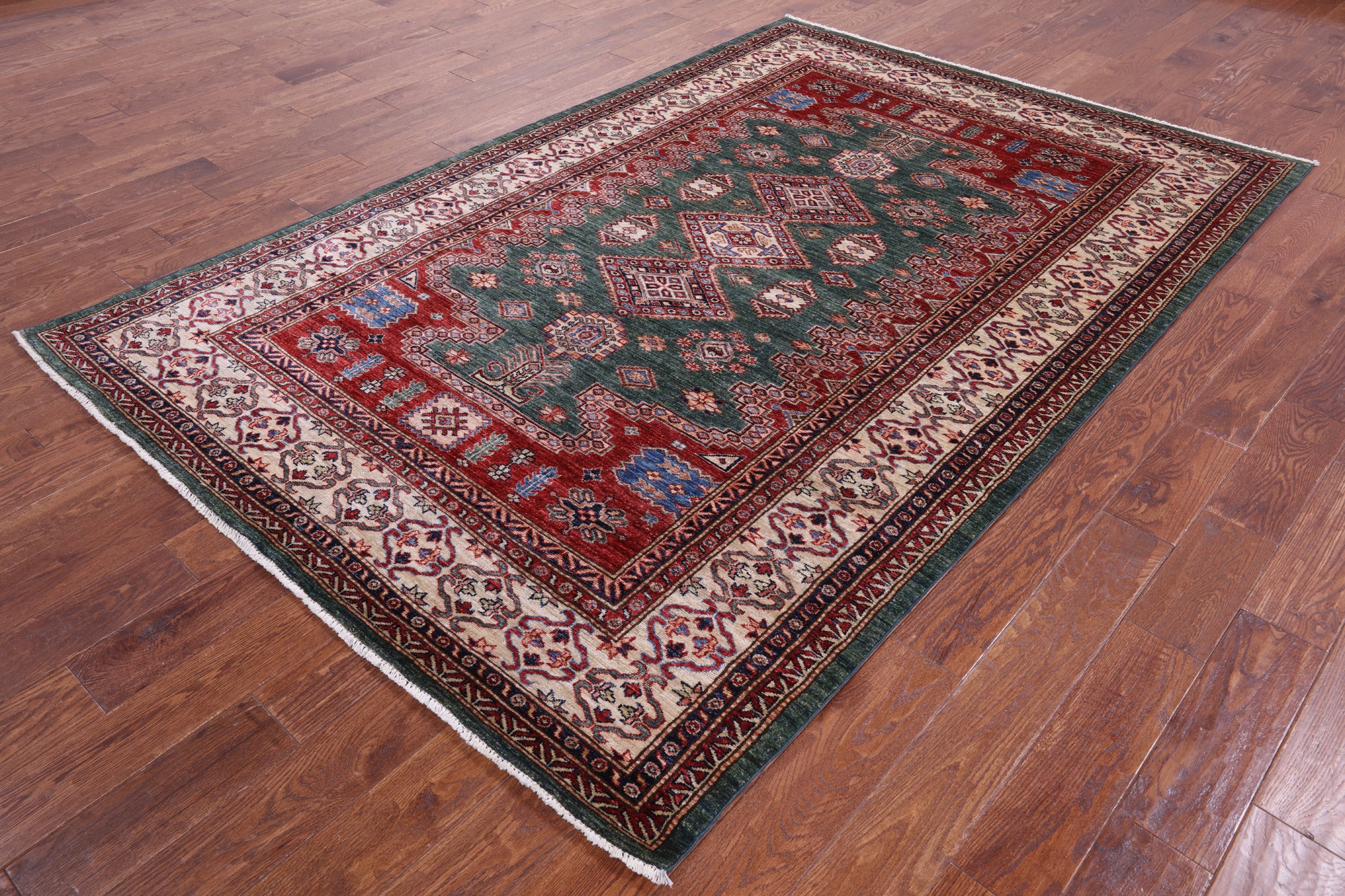 Green Super Kazak Hand Knotted Wool Rug - 5' 10" X 8' 9" - Golden Nile