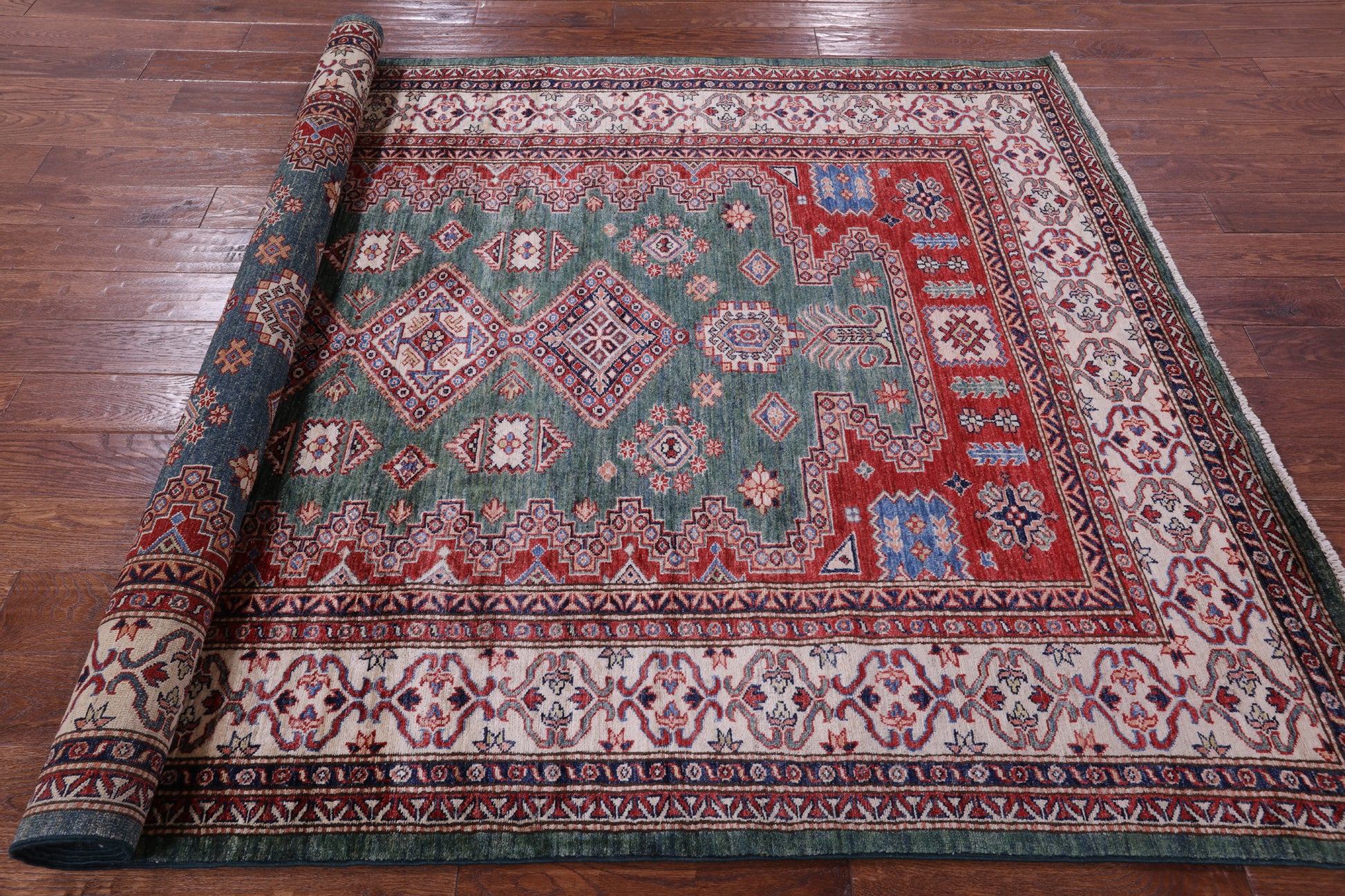 Green Super Kazak Hand Knotted Wool Rug - 5' 10" X 8' 9" - Golden Nile