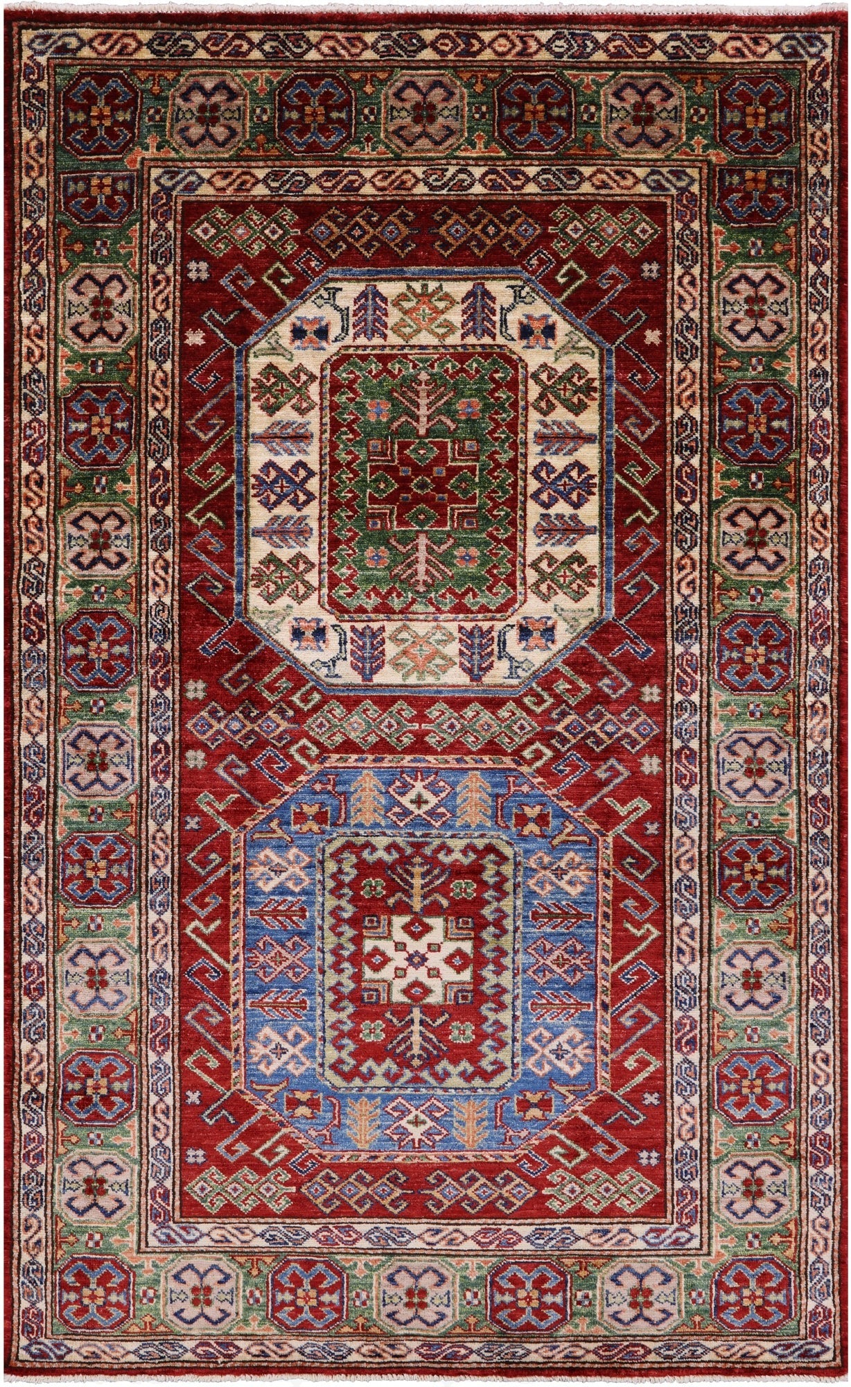 Red Super Kazak Handmade Wool Rug - 3' 11" X 6' 2" - Golden Nile