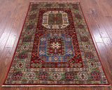 Red Super Kazak Handmade Wool Rug - 3' 11" X 6' 2" - Golden Nile