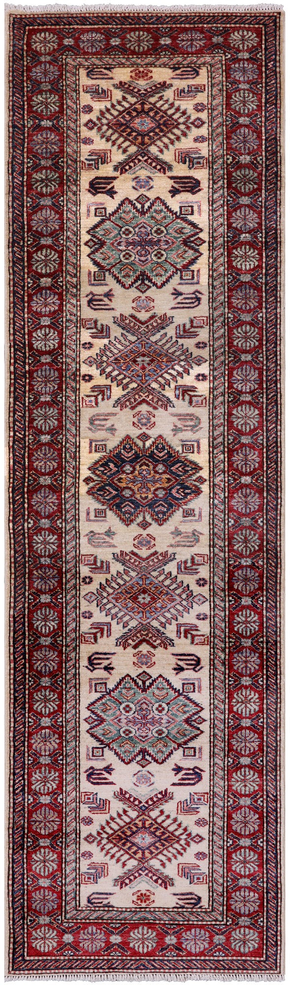 Ivory Super Kazak Hand Knotted Wool Runner Rug - 2' 8" X 9' 5" - Golden Nile