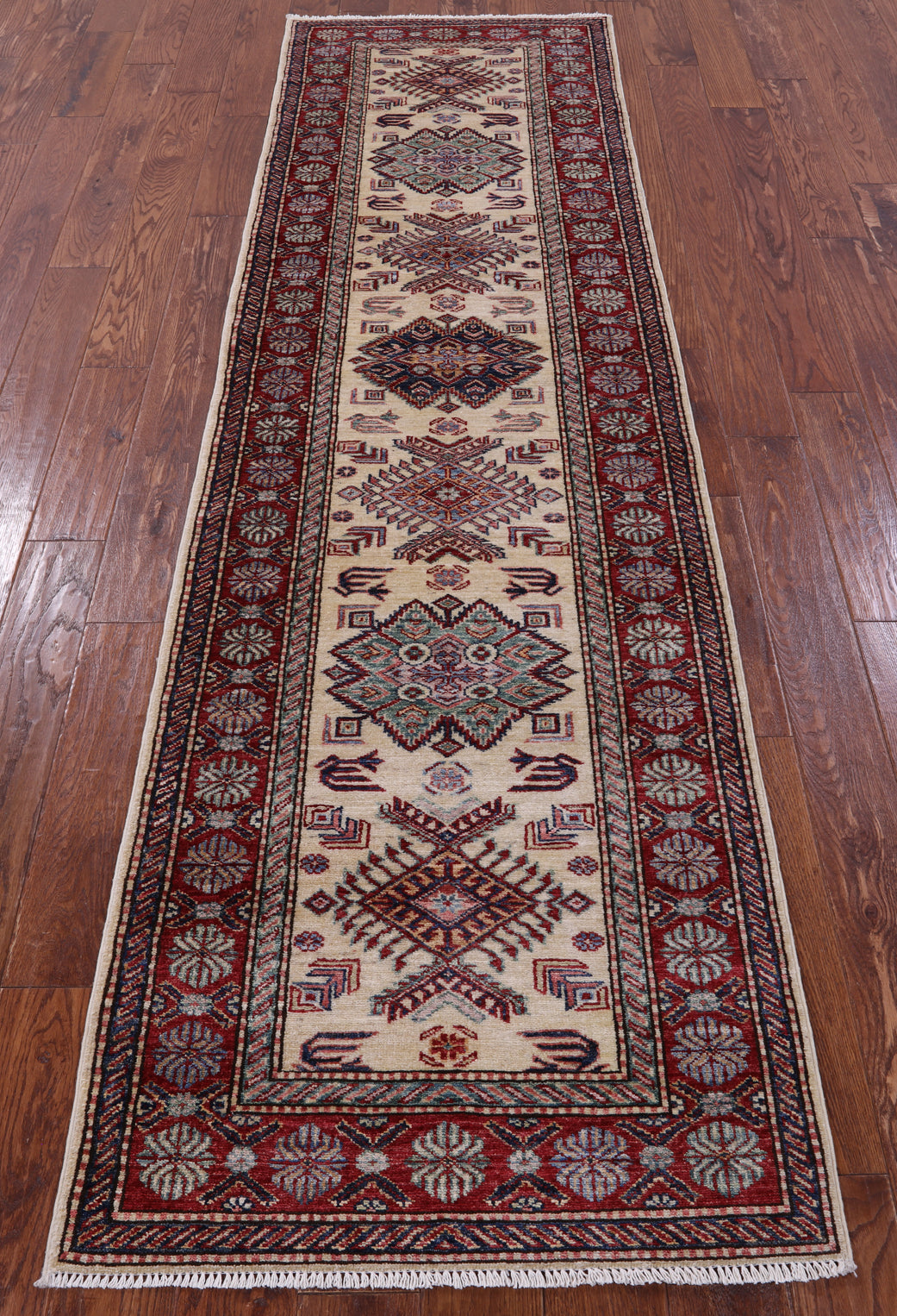 Ivory Super Kazak Hand Knotted Wool Runner Rug - 2' 8" X 9' 5" - Golden Nile