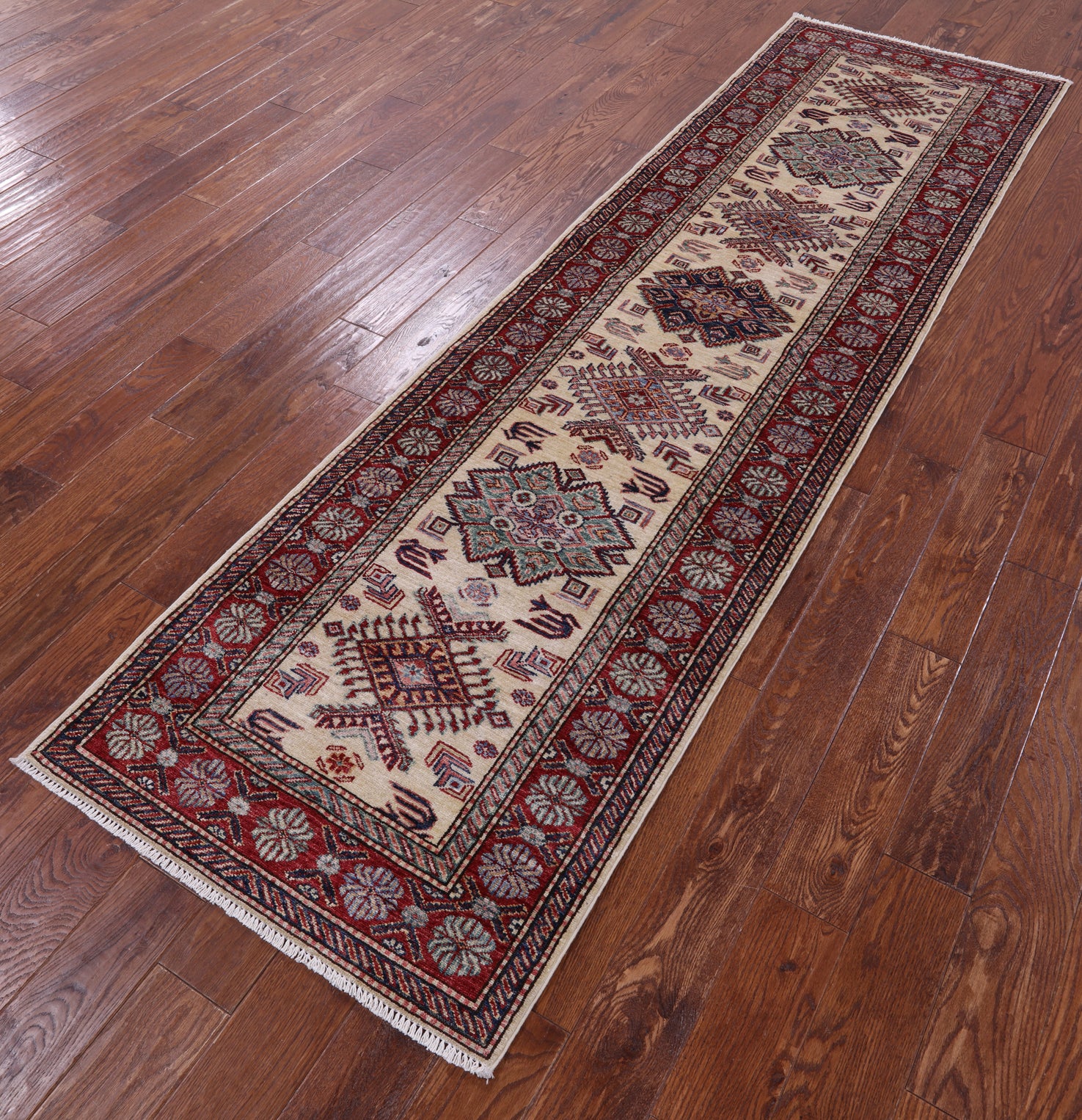 Ivory Super Kazak Hand Knotted Wool Runner Rug - 2' 8" X 9' 5" - Golden Nile