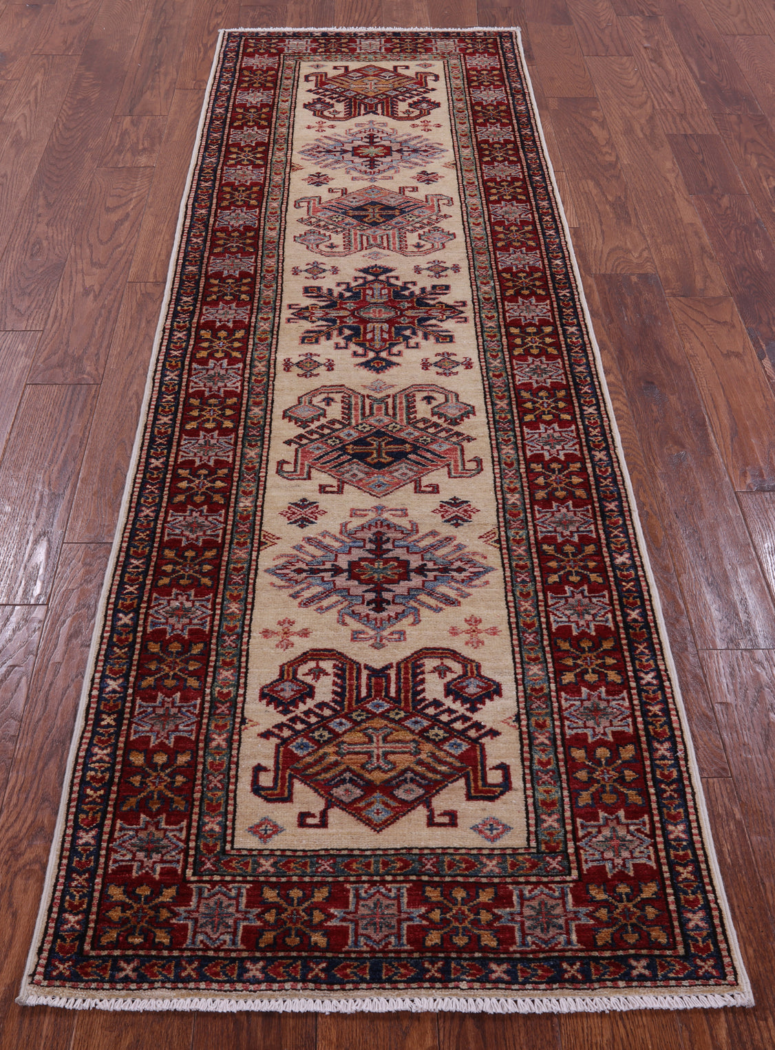 Ivory Super Kazak Hand Knotted Wool Runner Rug - 2' 7" X 8' 4" - Golden Nile
