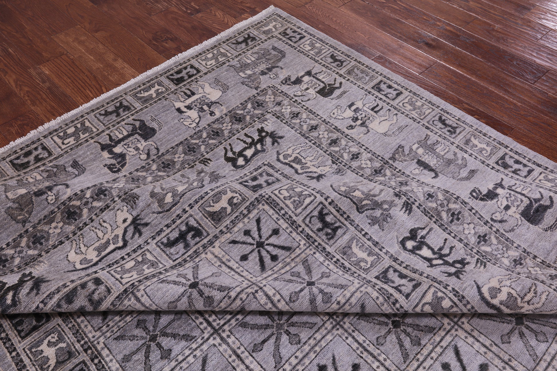 Grey Antiqued Pazyryk Historical Design Hand Knotted Wool Rug - 9' 0" X 12' 0" - Golden Nile