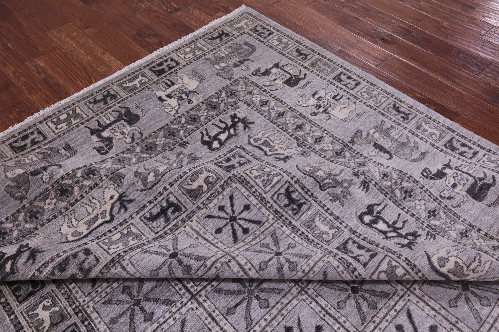 Grey Antiqued Pazyryk Historical Design Hand Knotted Wool Rug - 9' 0" X 12' 0" - Golden Nile