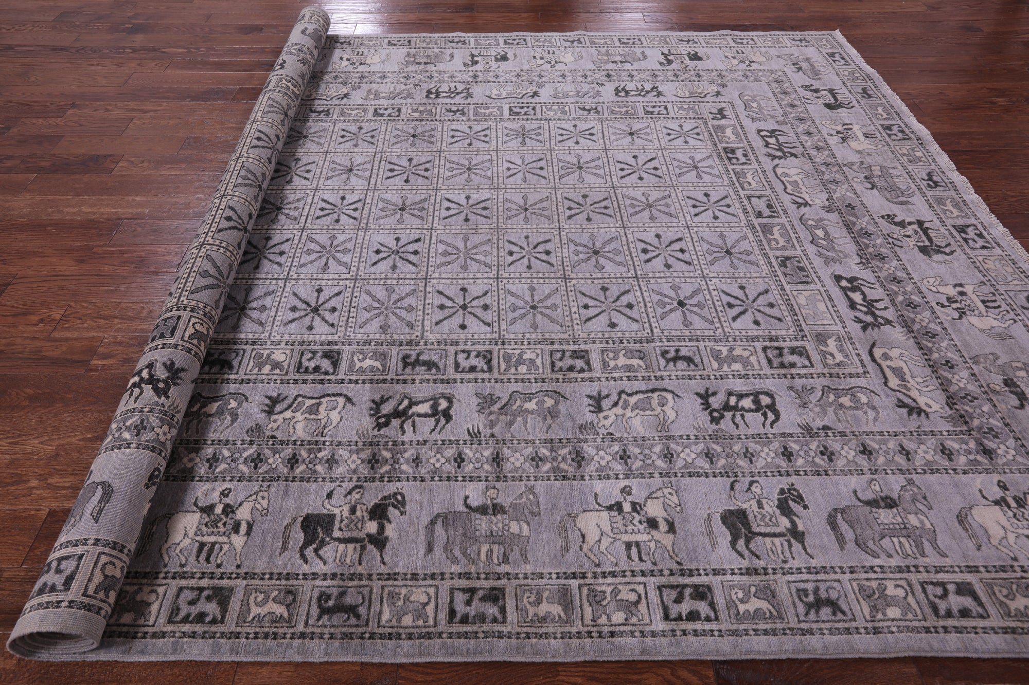 Grey Antiqued Pazyryk Historical Design Hand Knotted Wool Rug - 9' 0" X 12' 0" - Golden Nile