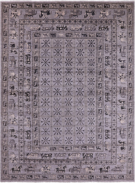 Grey Antiqued Pazyryk Historical Design Hand Knotted Wool Rug - 9' 0" X 12' 0" - Golden Nile