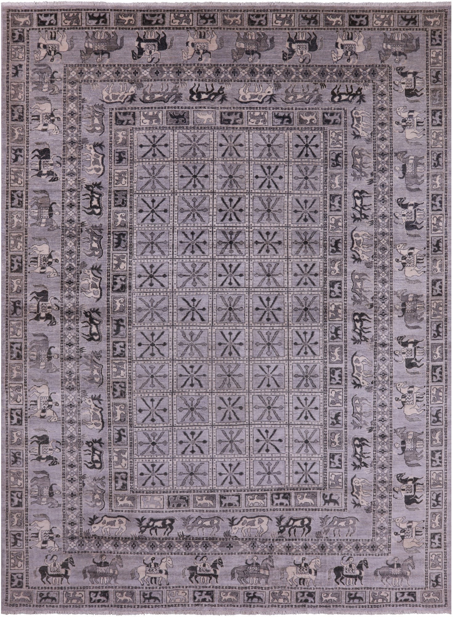 Grey Antiqued Pazyryk Historical Design Hand Knotted Wool Rug - 9' 0" X 12' 0" - Golden Nile