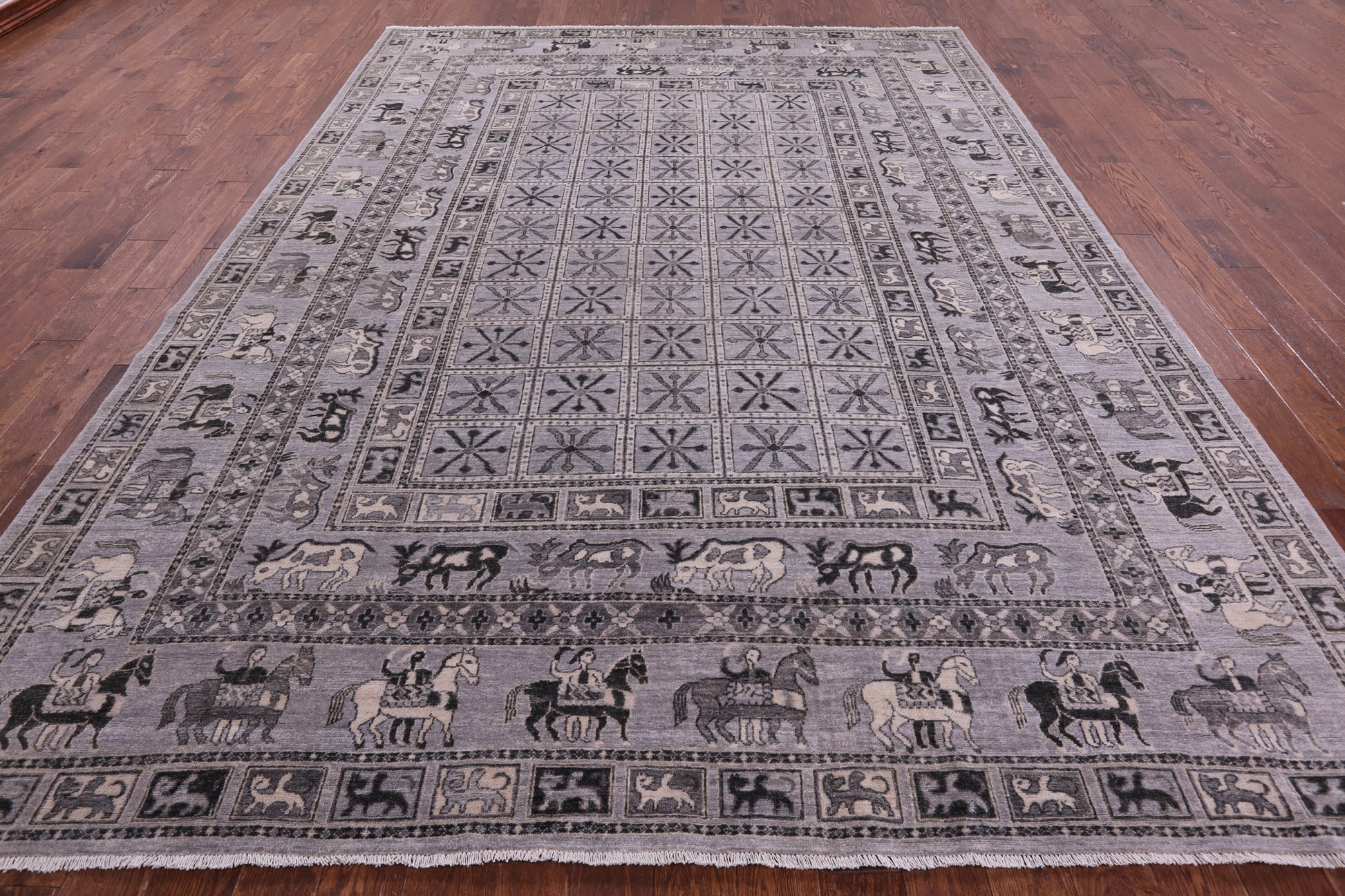 Grey Antiqued Pazyryk Historical Design Hand Knotted Wool Rug - 9' 0" X 12' 0" - Golden Nile