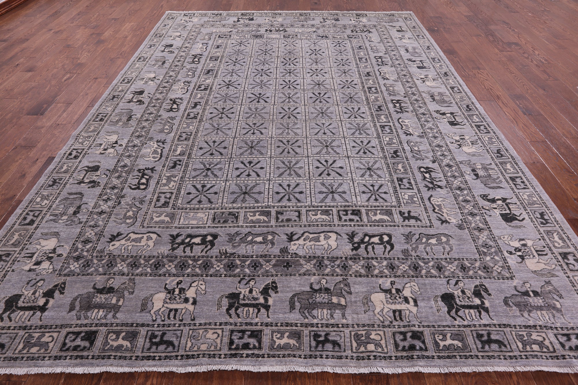 Grey Antiqued Pazyryk Historical Design Hand Knotted Wool Rug - 9' 0" X 12' 0" - Golden Nile