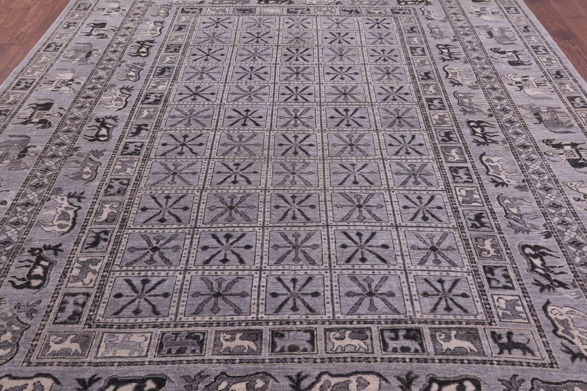 Grey Antiqued Pazyryk Historical Design Hand Knotted Wool Rug - 9' 0" X 12' 0" - Golden Nile