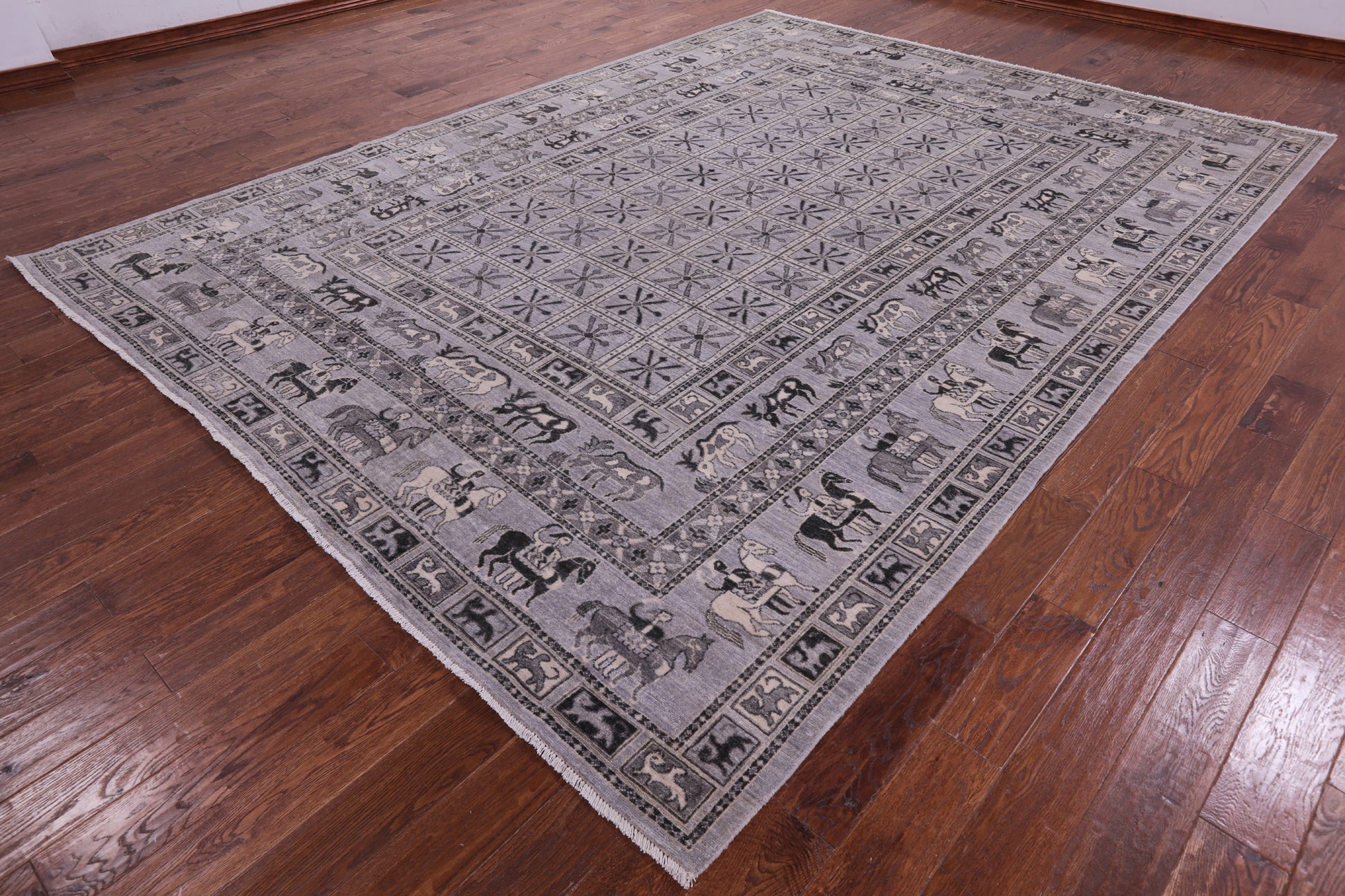 Grey Antiqued Pazyryk Historical Design Hand Knotted Wool Rug - 9' 0" X 12' 0" - Golden Nile