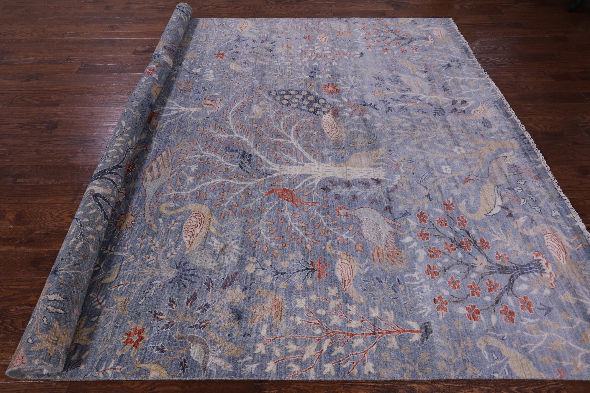 Blue Exotic Birds Persian Hand Knotted Wool Rug - 9' 1" X 12' 0" - Golden Nile