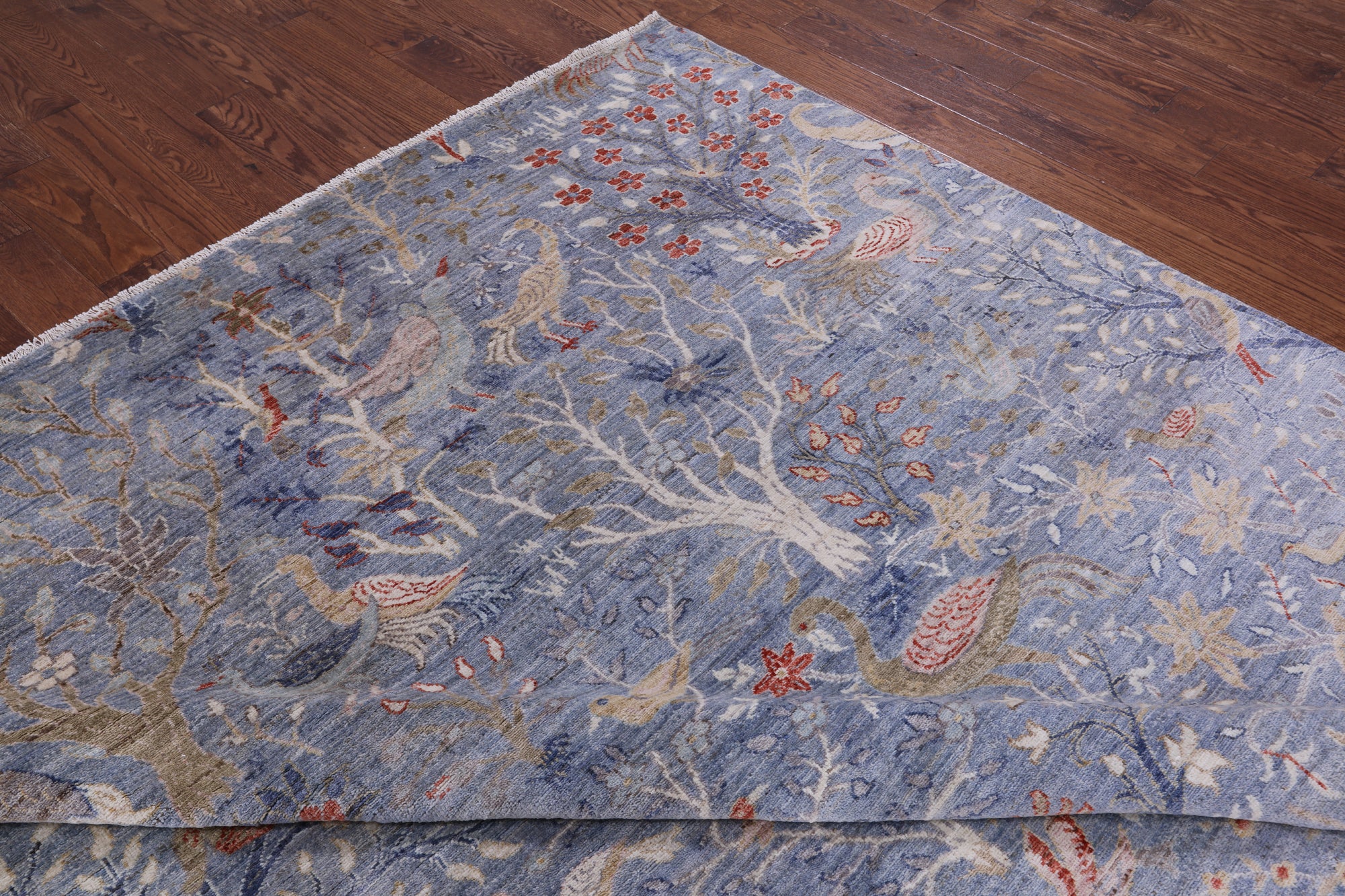 Blue Exotic Birds Persian Hand Knotted Wool Rug - 9' 1" X 12' 0" - Golden Nile