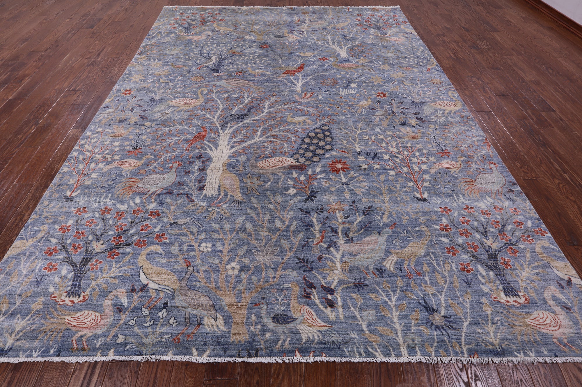 Blue Exotic Birds Persian Hand Knotted Wool Rug - 9' 1" X 12' 0" - Golden Nile
