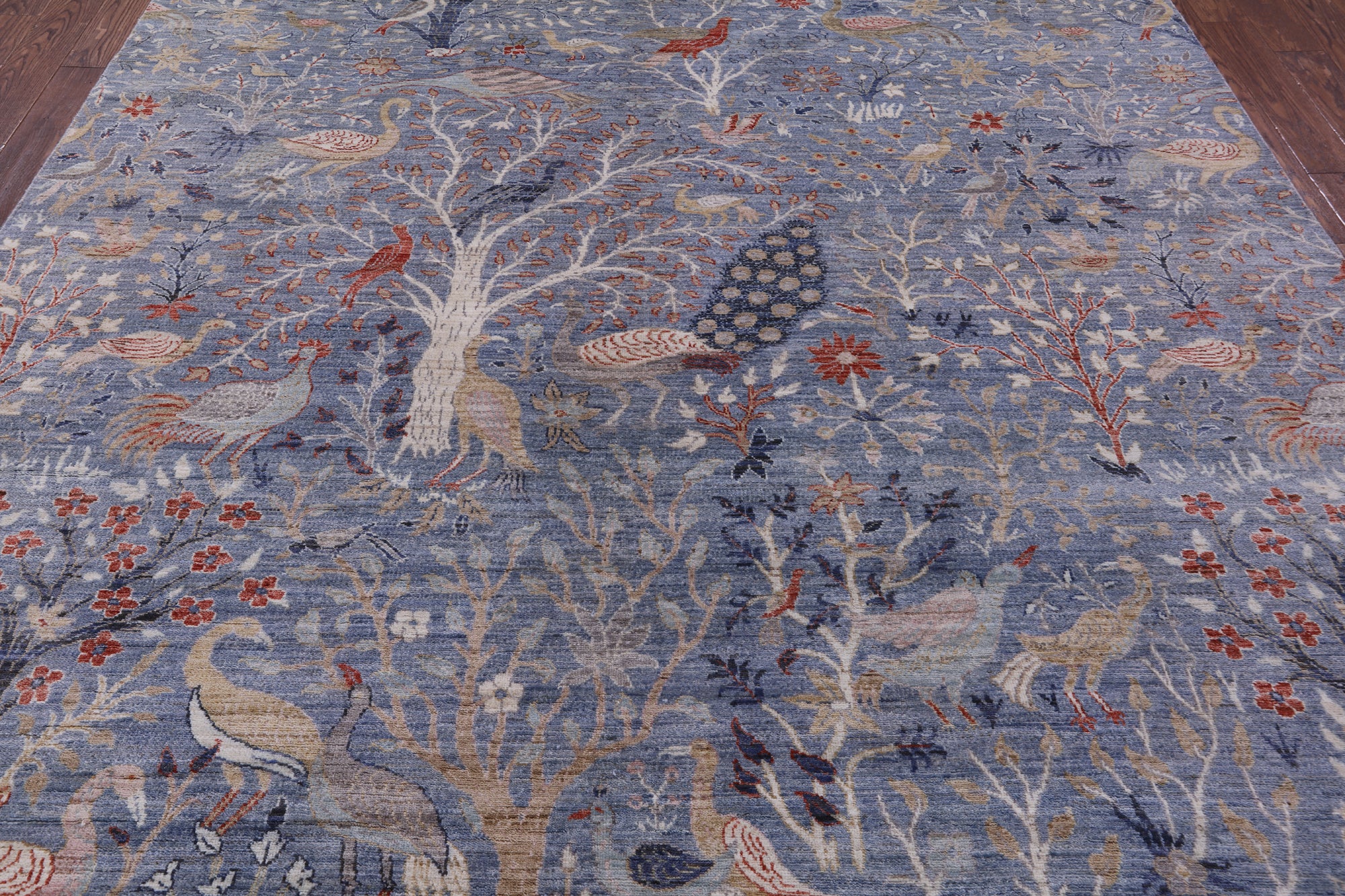 Blue Exotic Birds Persian Hand Knotted Wool Rug - 9' 1" X 12' 0" - Golden Nile