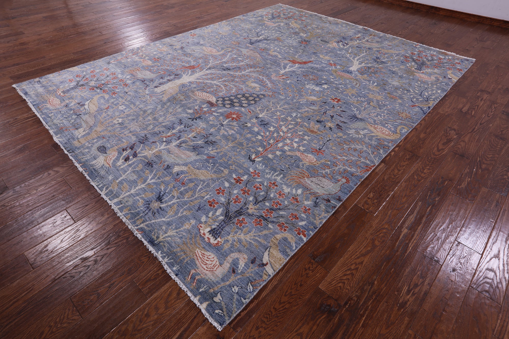 Blue Exotic Birds Persian Hand Knotted Wool Rug - 9' 1" X 12' 0" - Golden Nile