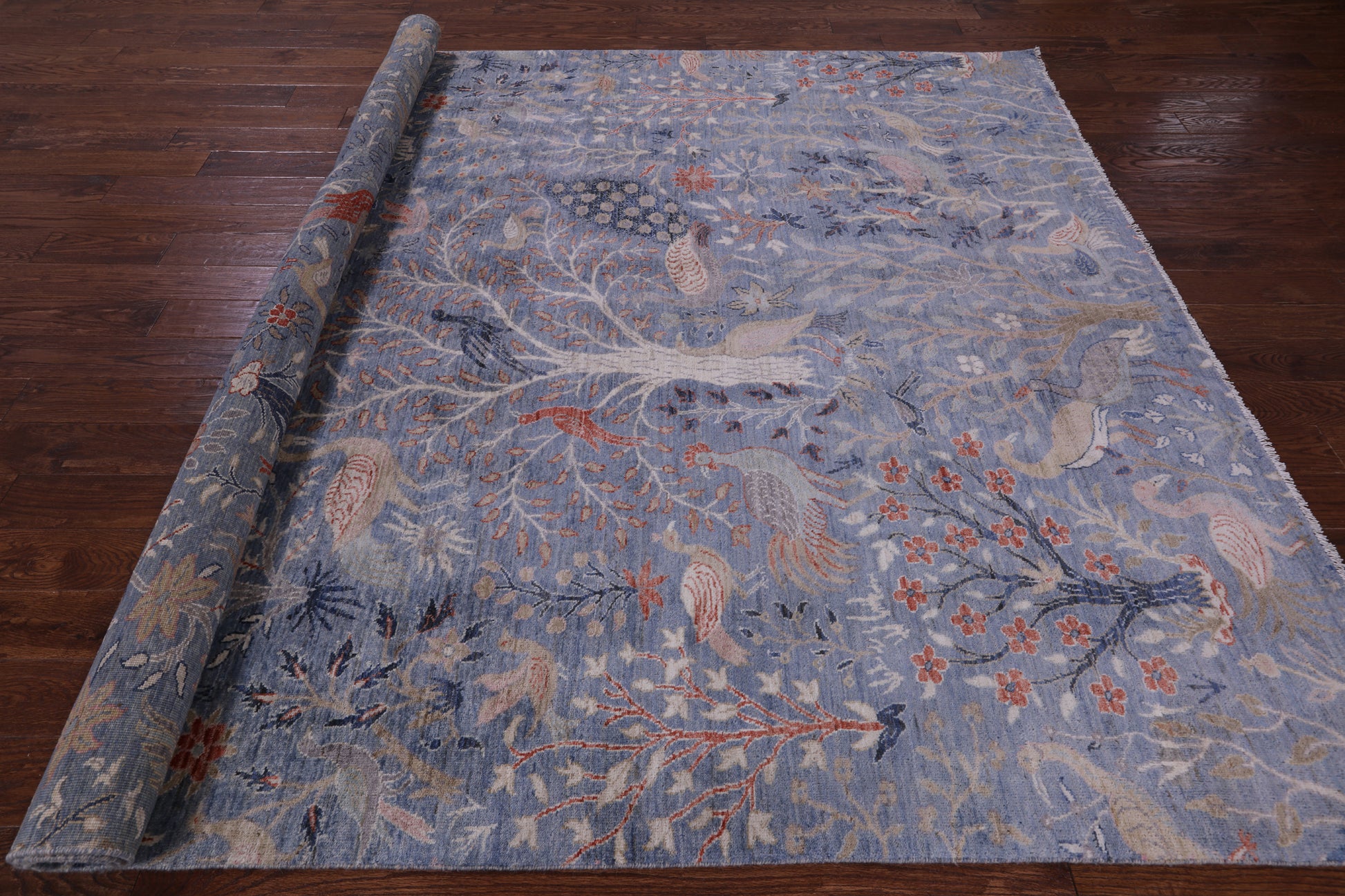 Blue Exotic Birds Persian Hand Knotted Wool Rug - 8' 1" X 10' 4" - Golden Nile