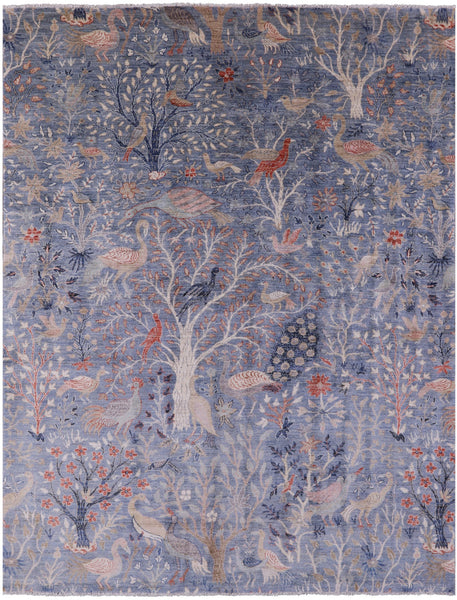 Blue Exotic Birds Persian Hand Knotted Wool Rug - 8' 1" X 10' 4" - Golden Nile