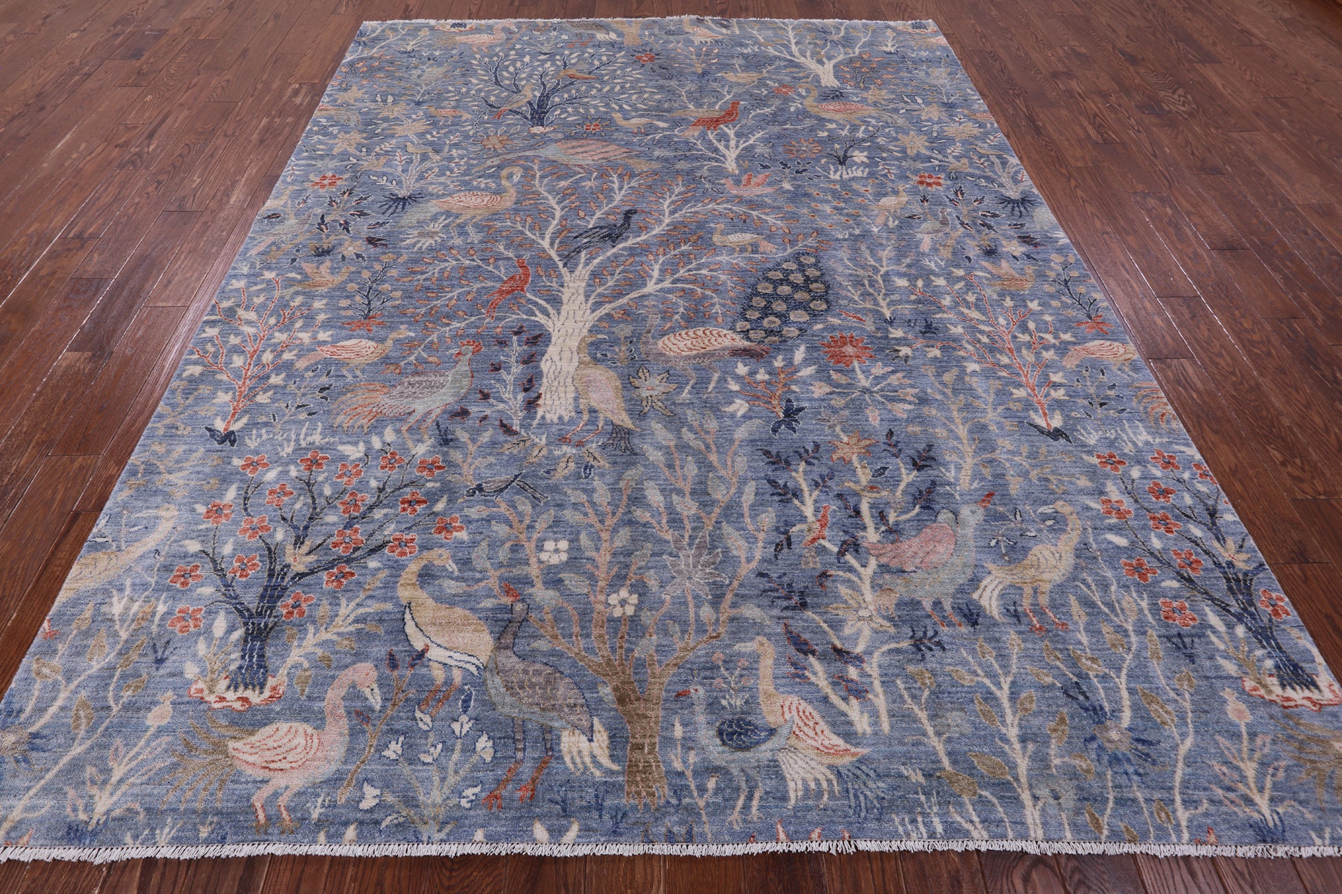 Blue Exotic Birds Persian Hand Knotted Wool Rug - 8' 1" X 10' 4" - Golden Nile