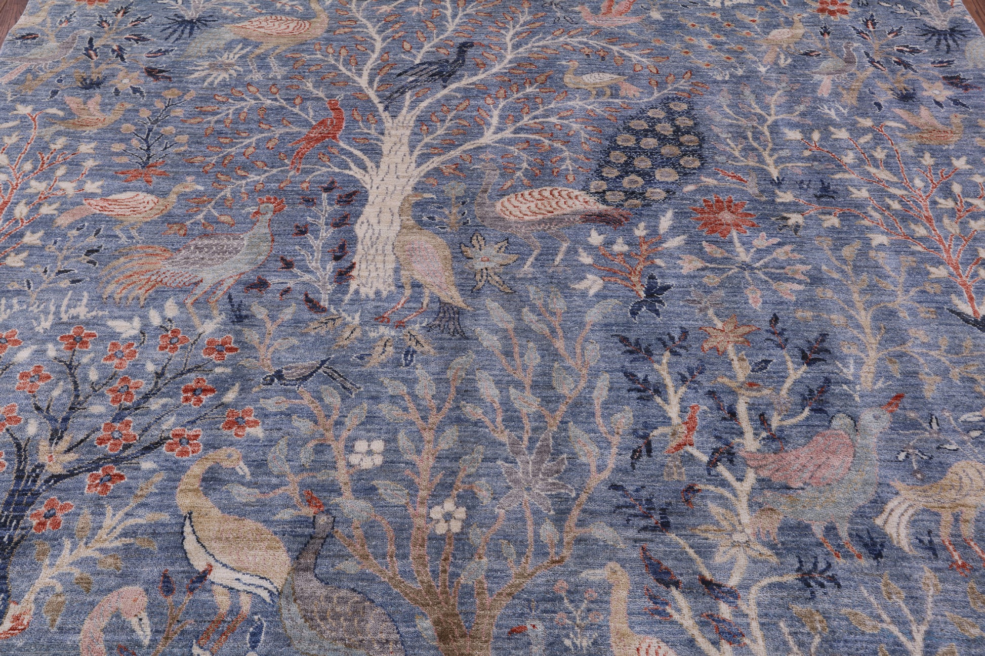 Blue Exotic Birds Persian Hand Knotted Wool Rug - 8' 1" X 10' 4" - Golden Nile