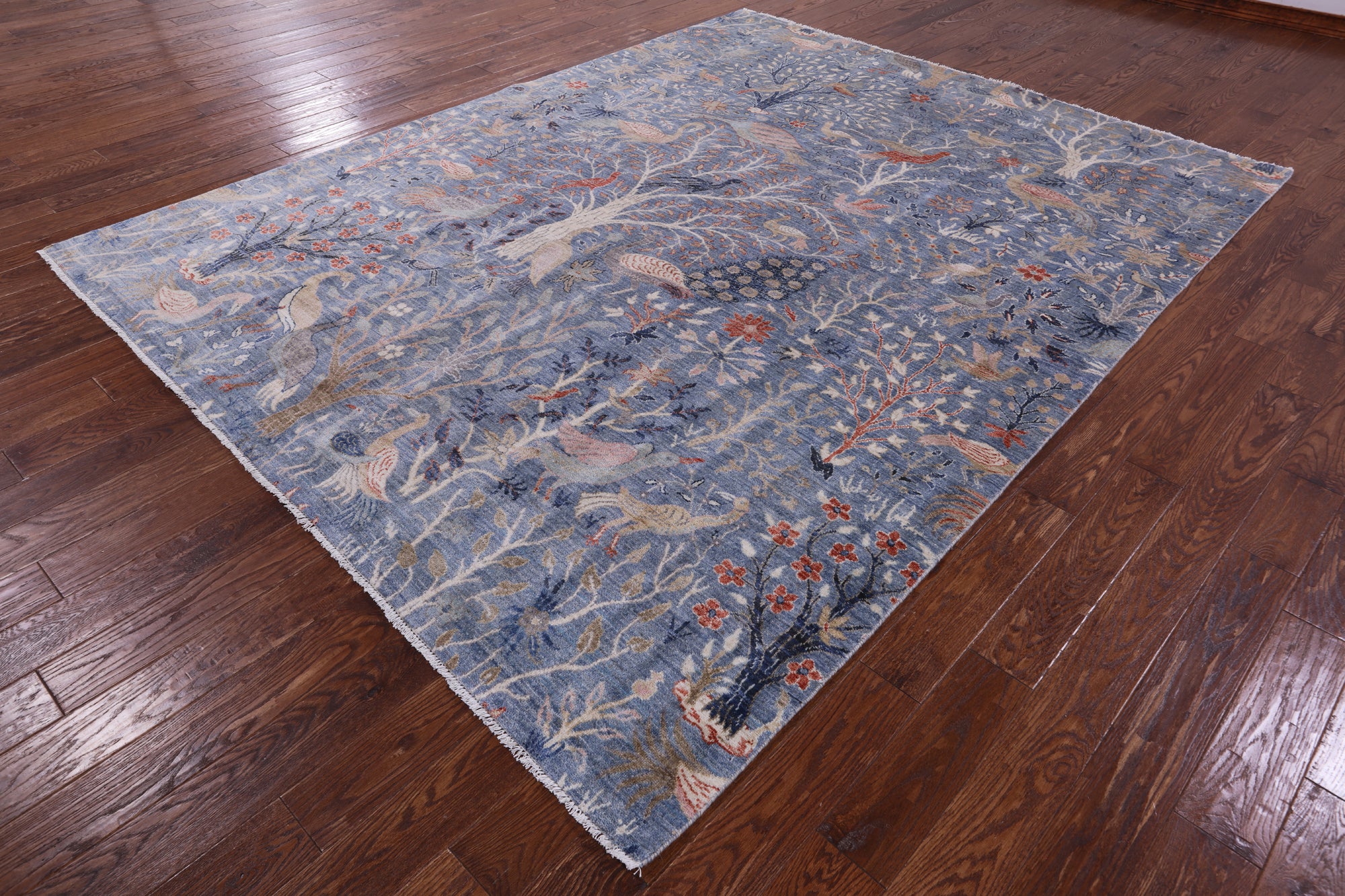 Blue Exotic Birds Persian Hand Knotted Wool Rug - 8' 1" X 10' 4" - Golden Nile