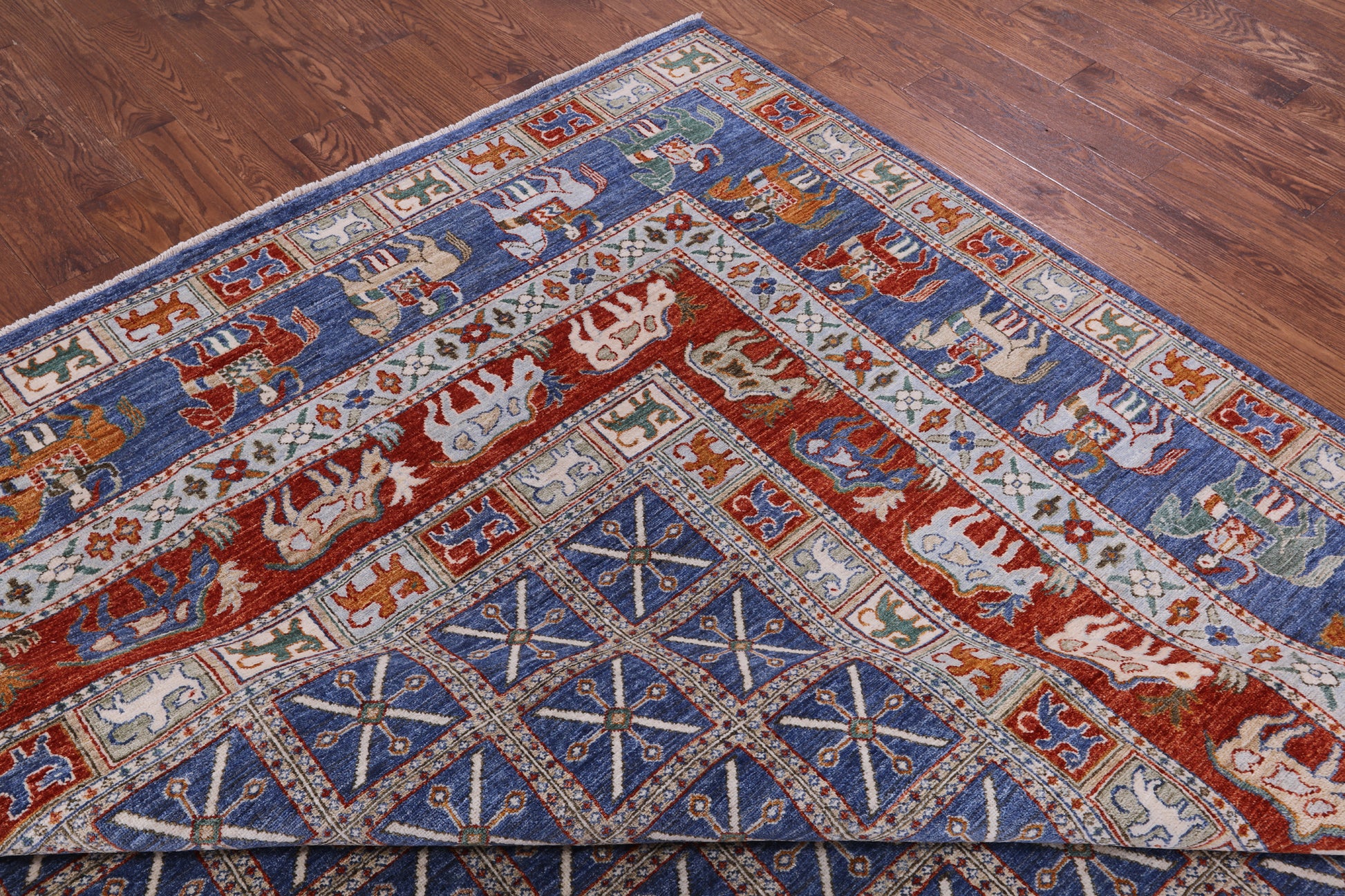 Blue Antiqued Pazyryk Historical Design Hand Knotted Wool Rug - 10' 0" X 14' 1" - Golden Nile