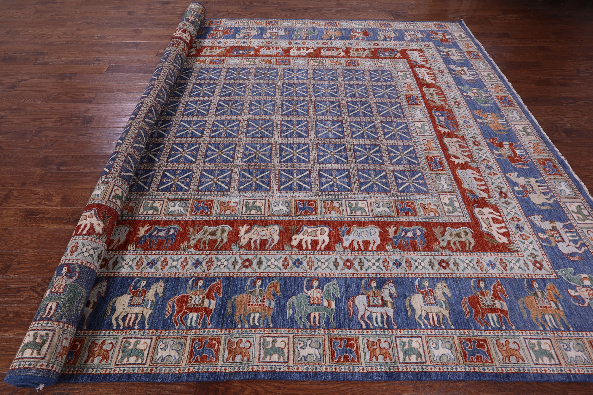 Blue Antiqued Pazyryk Historical Design Hand Knotted Wool Rug - 10' 0" X 14' 1" - Golden Nile