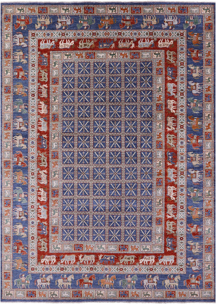Blue Antiqued Pazyryk Historical Design Hand Knotted Wool Rug - 10' 0" X 14' 1" - Golden Nile