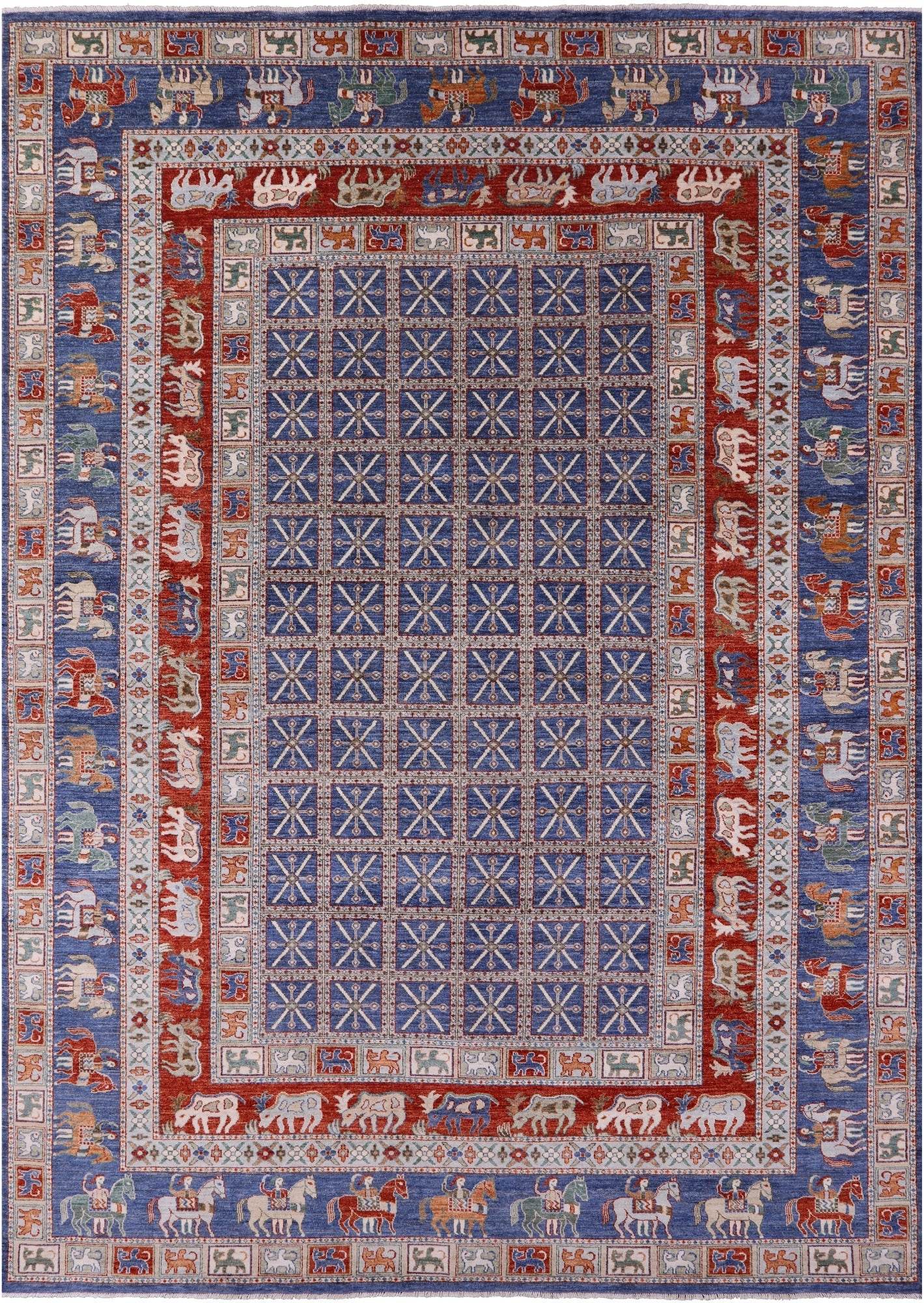 Blue Antiqued Pazyryk Historical Design Hand Knotted Wool Rug - 10' 0" X 14' 1" - Golden Nile