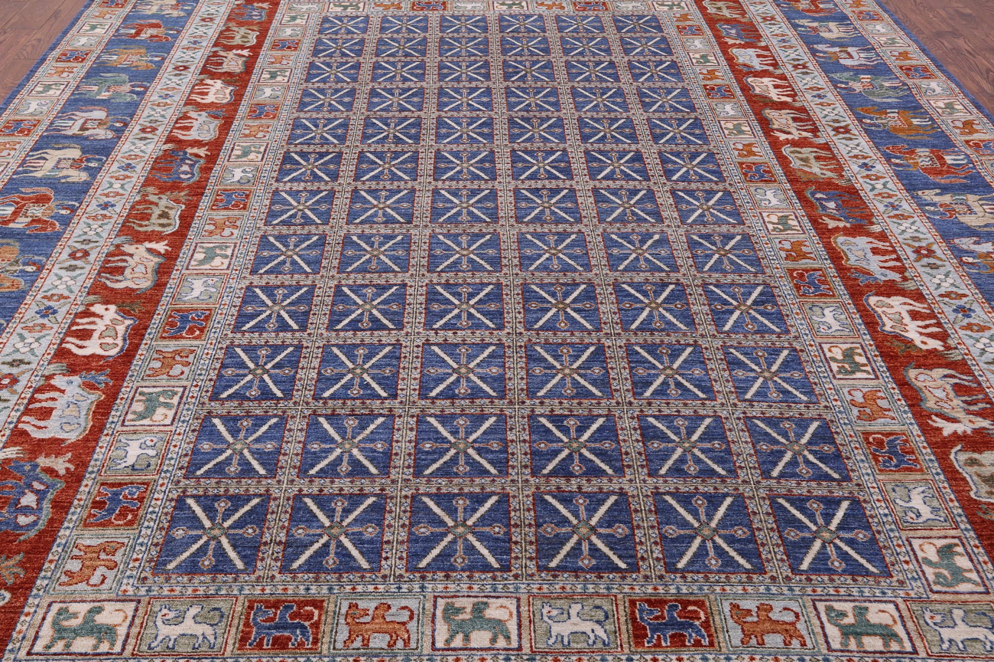 Blue Antiqued Pazyryk Historical Design Hand Knotted Wool Rug - 10' 0" X 14' 1" - Golden Nile