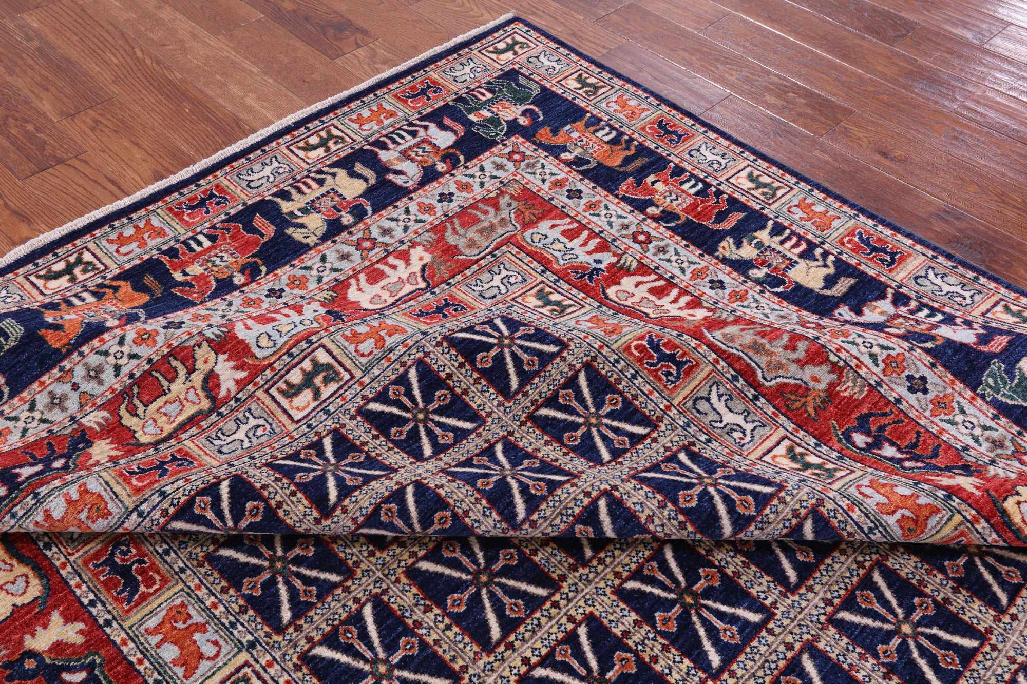 Blue Antiqued Pazyryk Historical Design Hand Knotted Wool Rug - 7' 11" X 9' 8" - Golden Nile