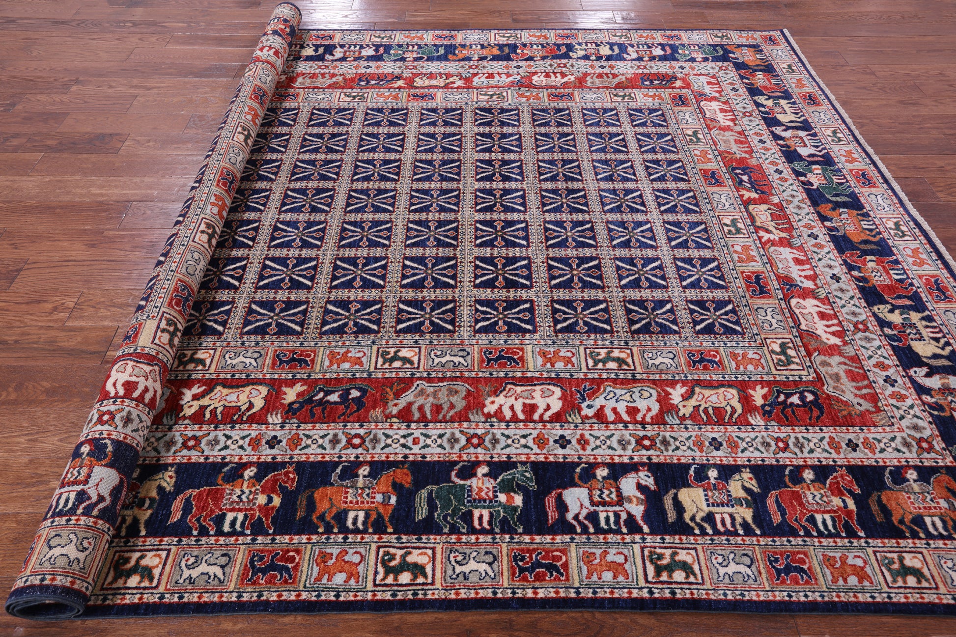 Blue Antiqued Pazyryk Historical Design Hand Knotted Wool Rug - 7' 11" X 9' 8" - Golden Nile