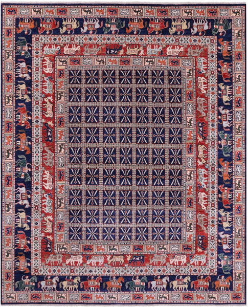 Blue Antiqued Pazyryk Historical Design Hand Knotted Wool Rug - 7' 11" X 9' 8" - Golden Nile
