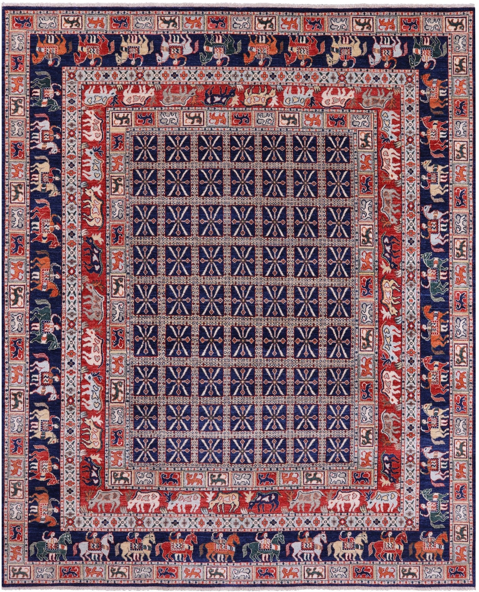 Blue Antiqued Pazyryk Historical Design Hand Knotted Wool Rug - 7' 11" X 9' 8" - Golden Nile