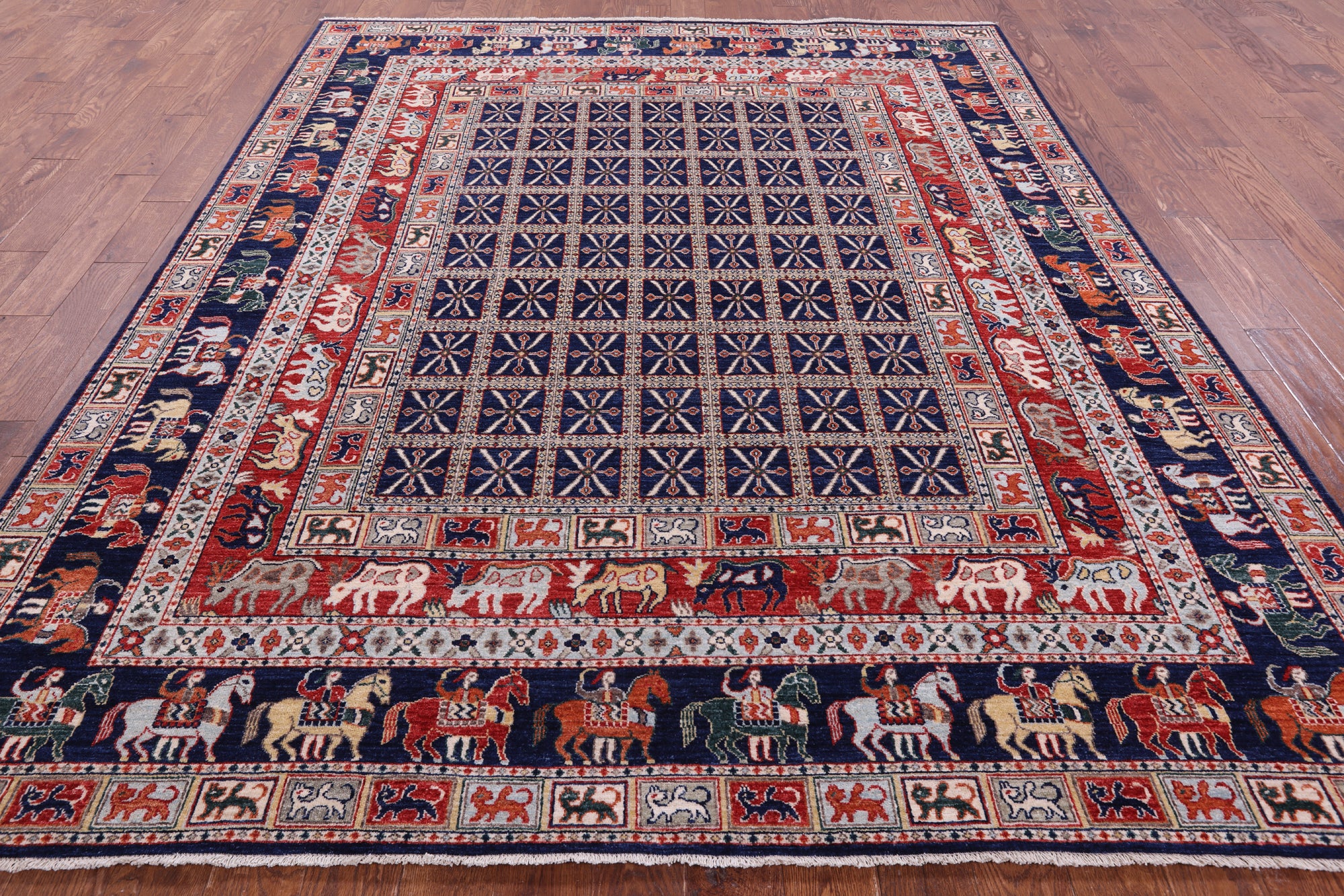 Blue Antiqued Pazyryk Historical Design Hand Knotted Wool Rug - 7' 11" X 9' 8" - Golden Nile