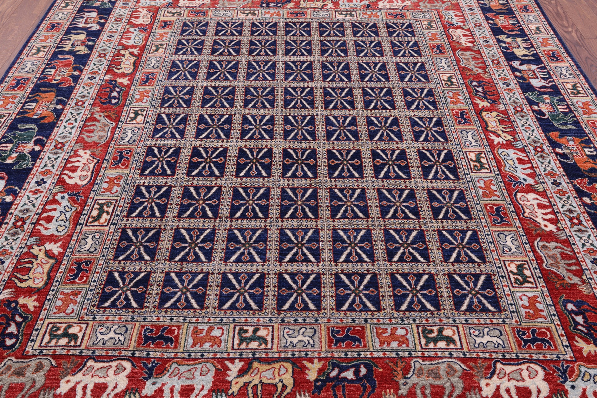Blue Antiqued Pazyryk Historical Design Hand Knotted Wool Rug - 7' 11" X 9' 8" - Golden Nile