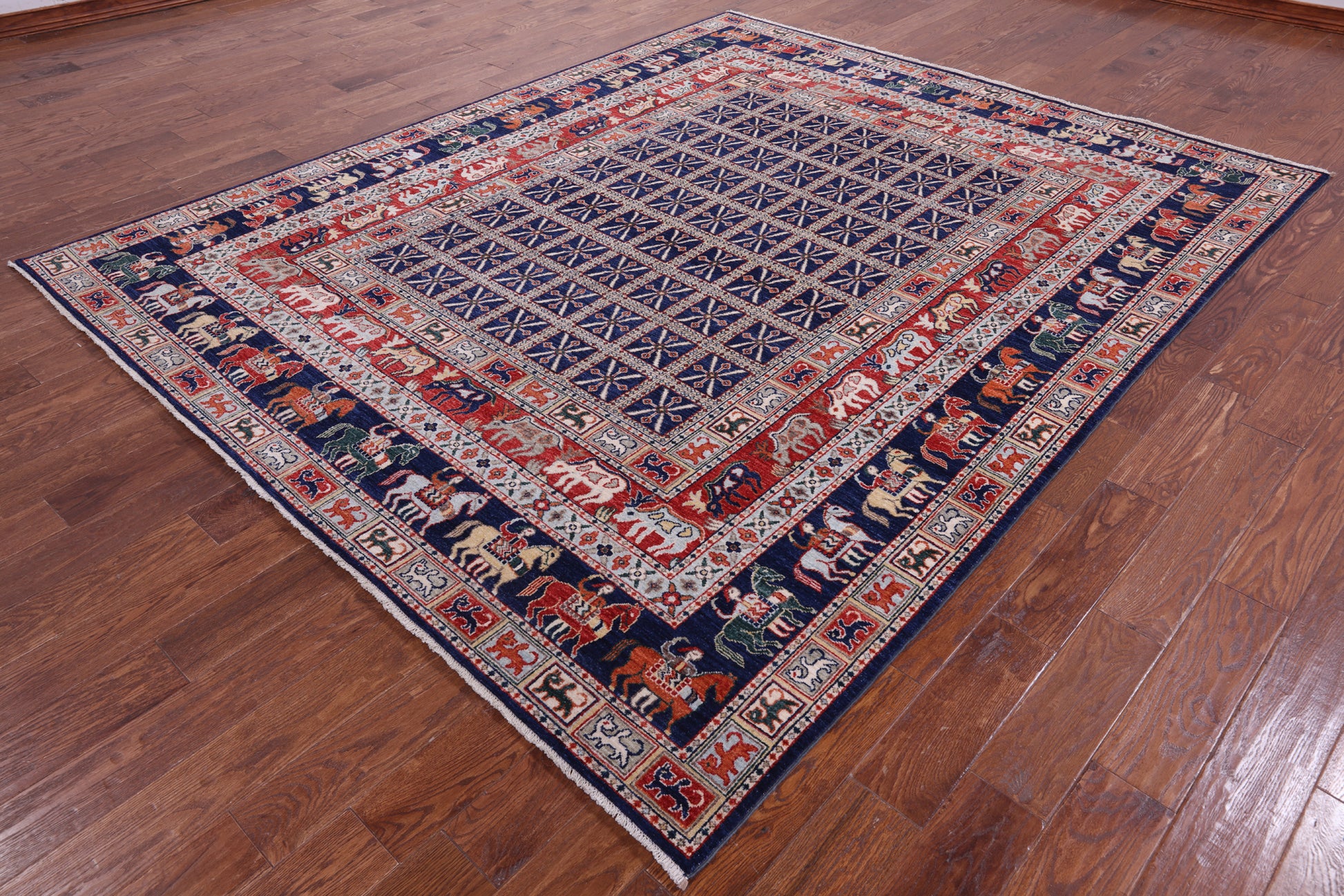Blue Antiqued Pazyryk Historical Design Hand Knotted Wool Rug - 7' 11" X 9' 8" - Golden Nile