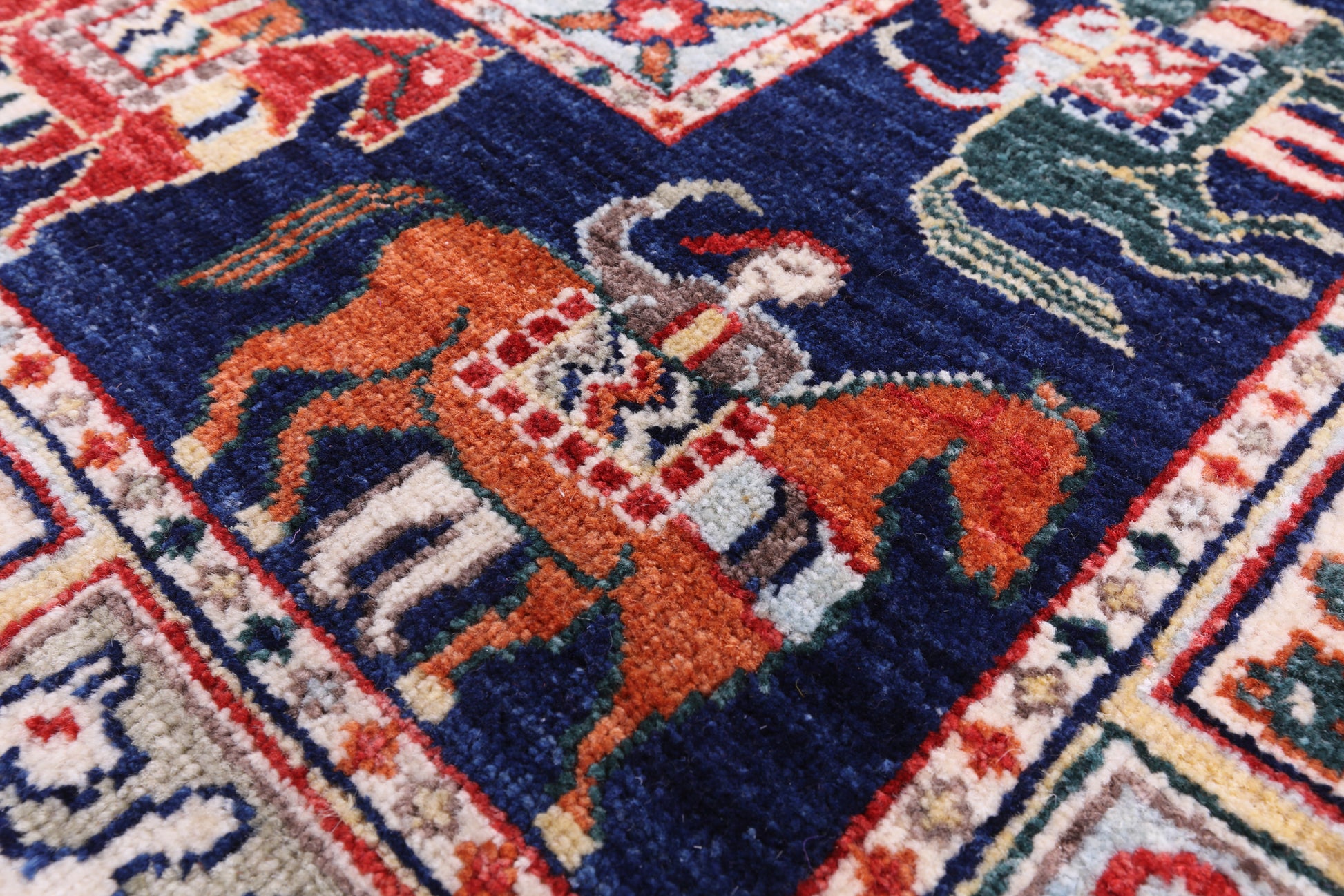Blue Antiqued Pazyryk Historical Design Hand Knotted Wool Rug - 7' 11" X 9' 8" - Golden Nile